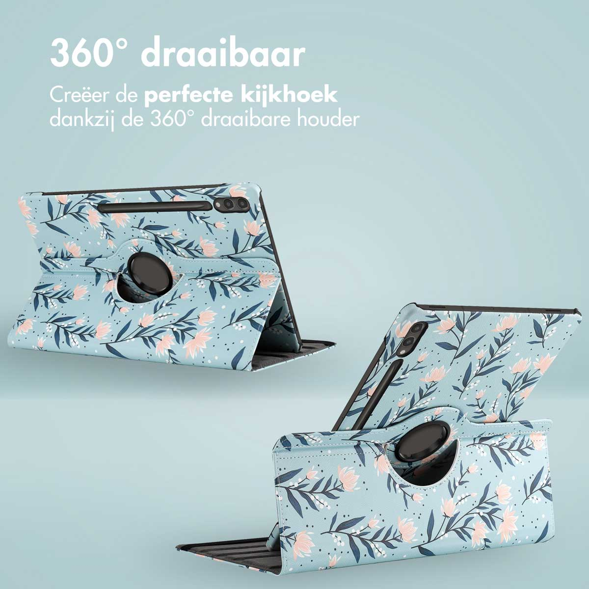 Twee tablethoezen met een bloemenontwerp in lichtblauw en roze. Ze hebben een 360 graden draaibare houder.