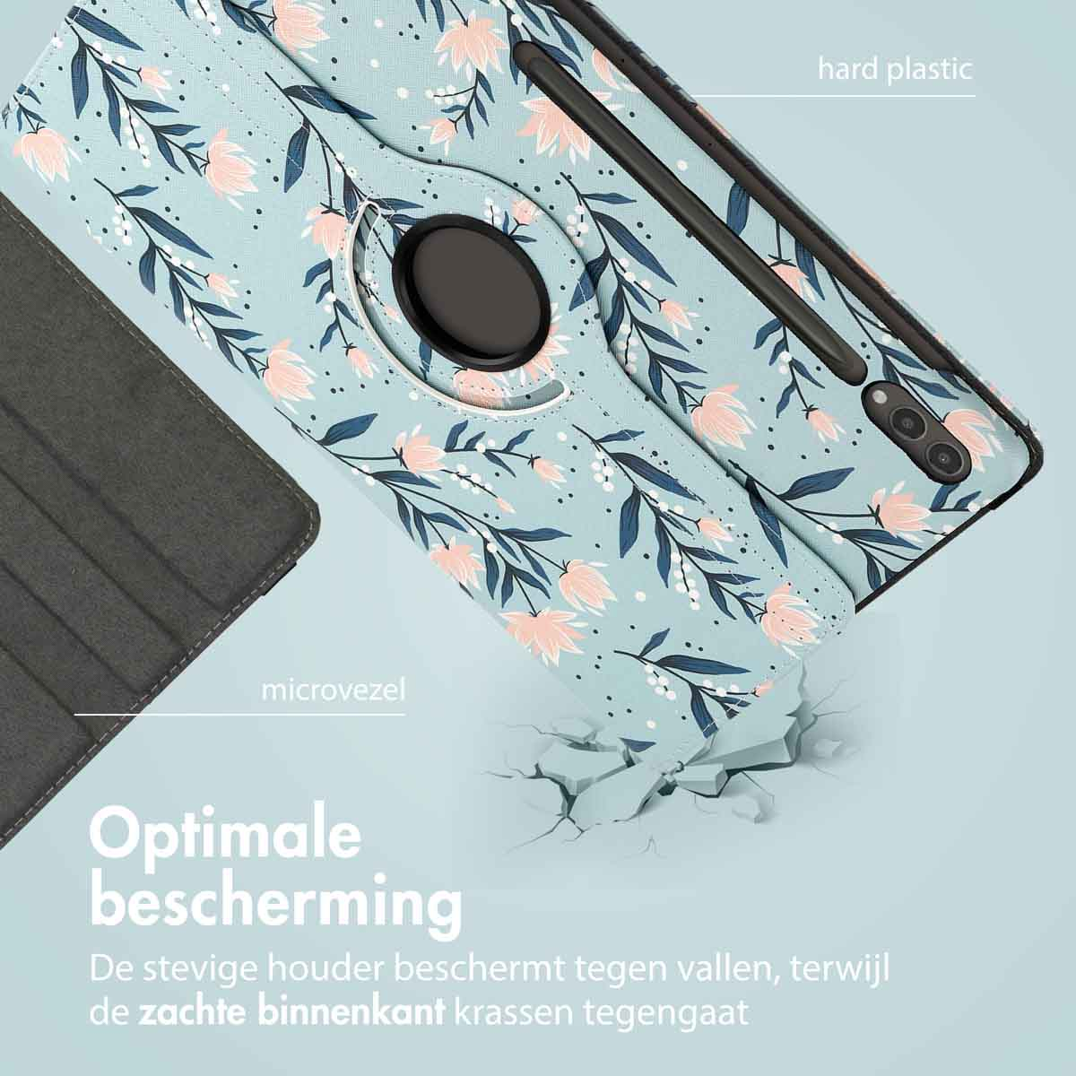 Een tablethoes met bloemenontwerp in lichtblauw en roze. Kenmerken: hard plastic, microvezel en een 360 graden draaibare houder.