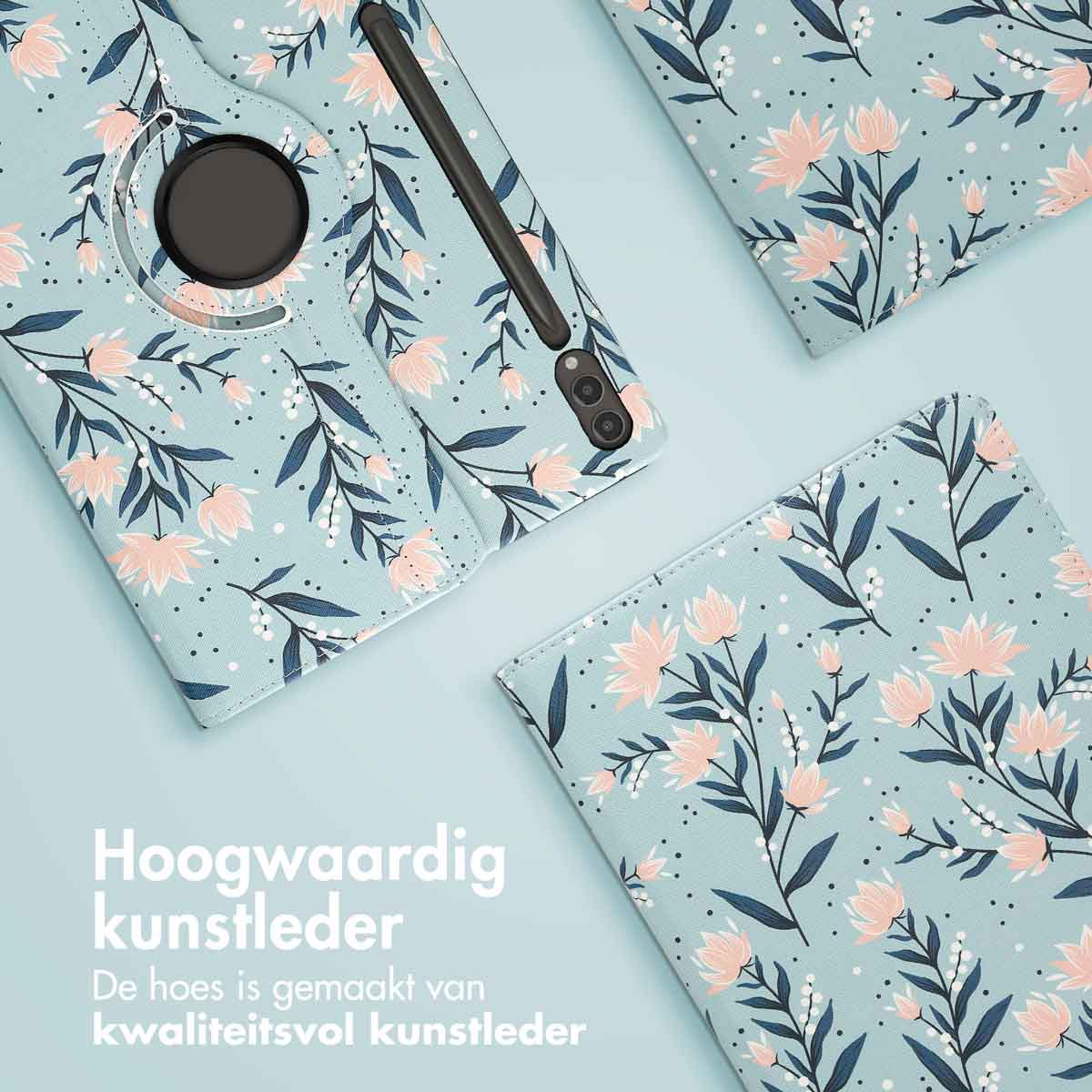 Meerdere tablethoezen met bloemenontwerp in lichtblauw en roze. Hoogwaardig kunstleer.