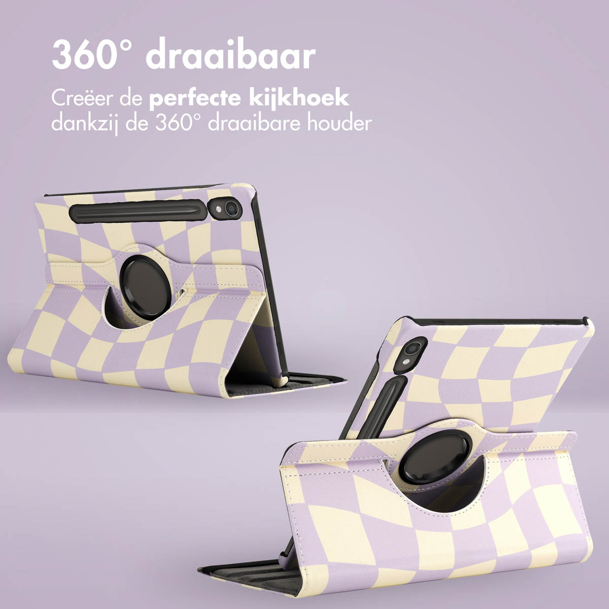 Two tablet cases with a checkered pattern of lavender and cream. They have a 360-degree rotating holder.