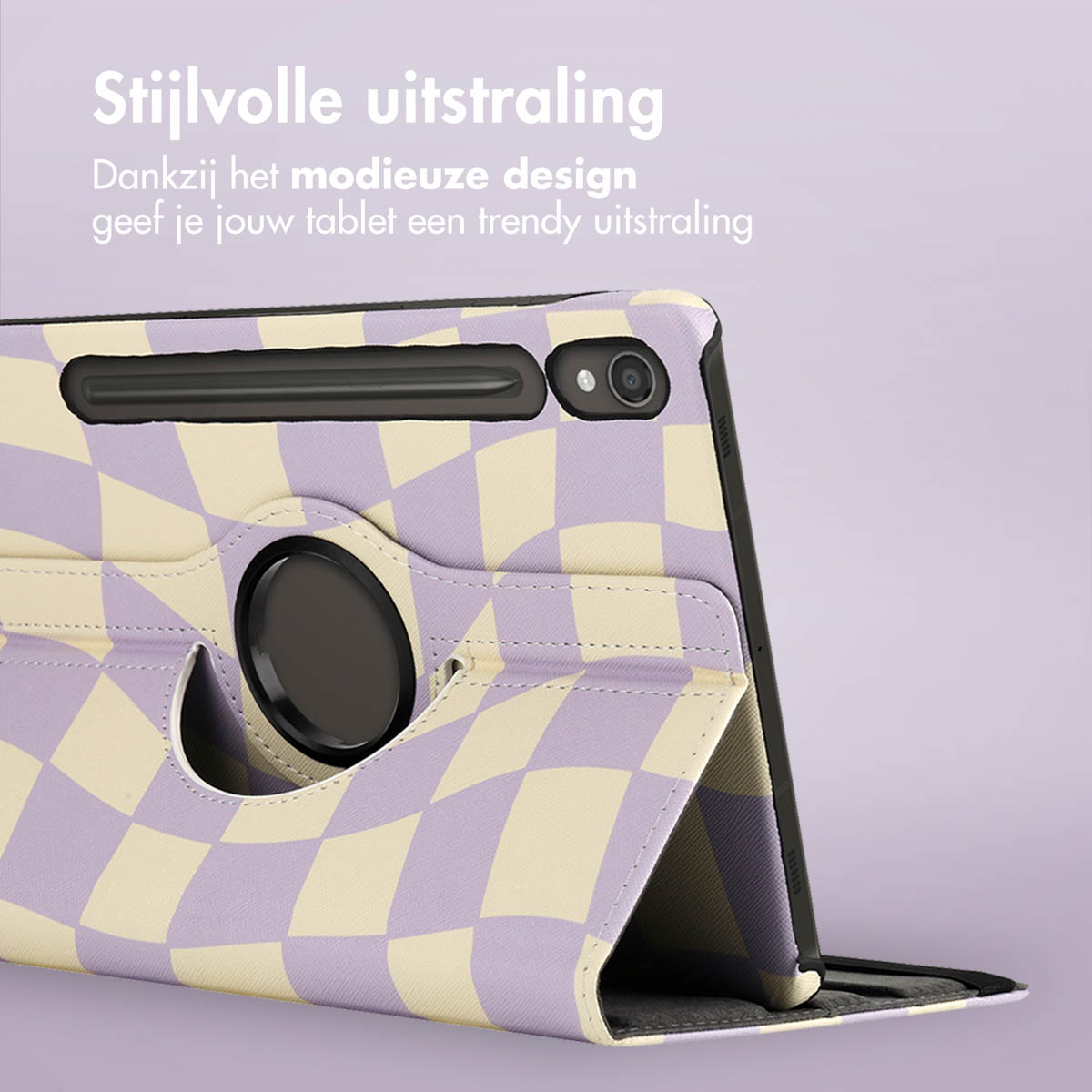 A tablet case with a checkered pattern in lavender and cream. It has a 360-degree rotating holder.