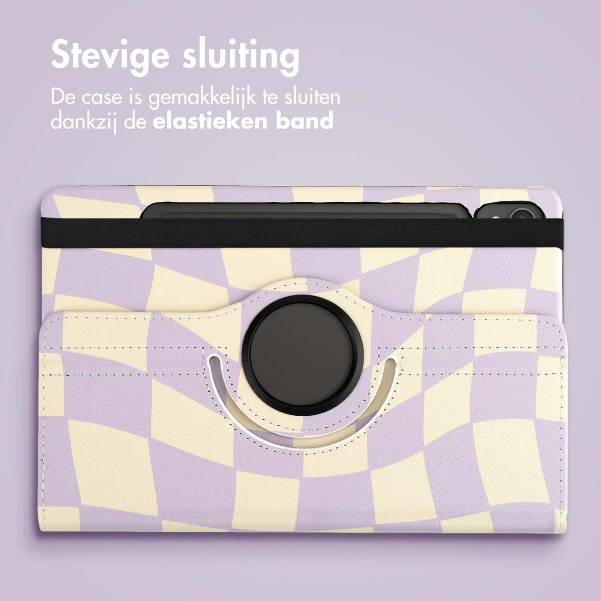A tablet case with a checkered pattern in lavender and cream. It features a secure elastic band closure.