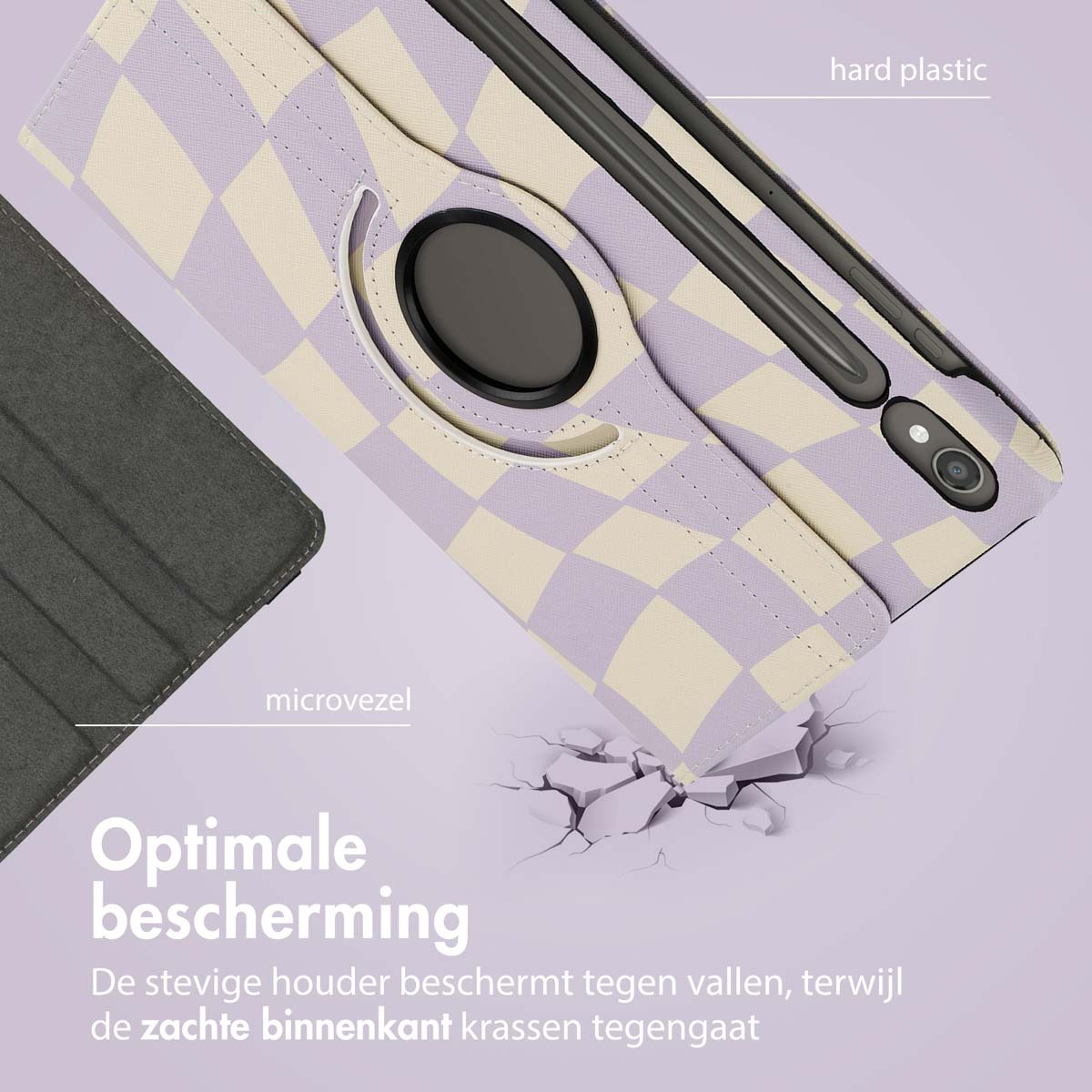 A tablet case with a checkered pattern in lavender and cream. Features hard plastic, microfibre, and a 360-degree rotating holder.