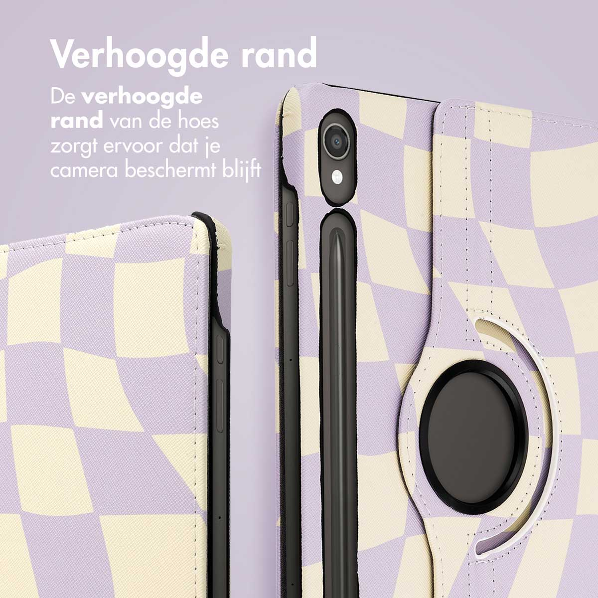 A tablet case in a checkered pattern of lavender and cream. It has a raised edge for camera protection.
