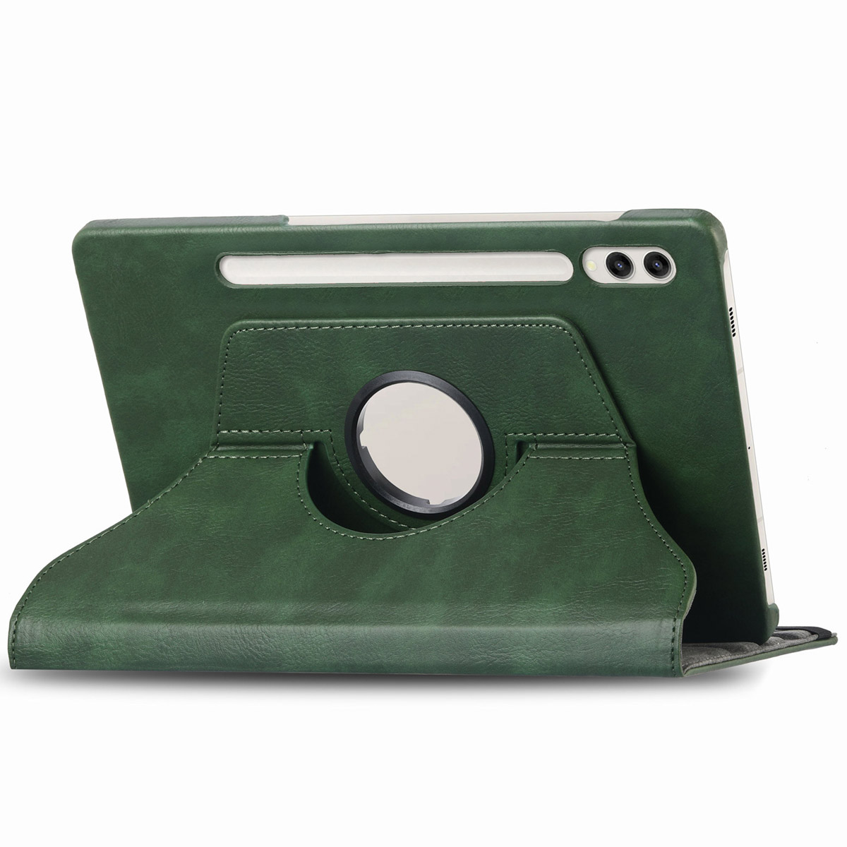 Groene tablethoes. Tablet in hoes met camera zichtbaar. Witte achtergrond.