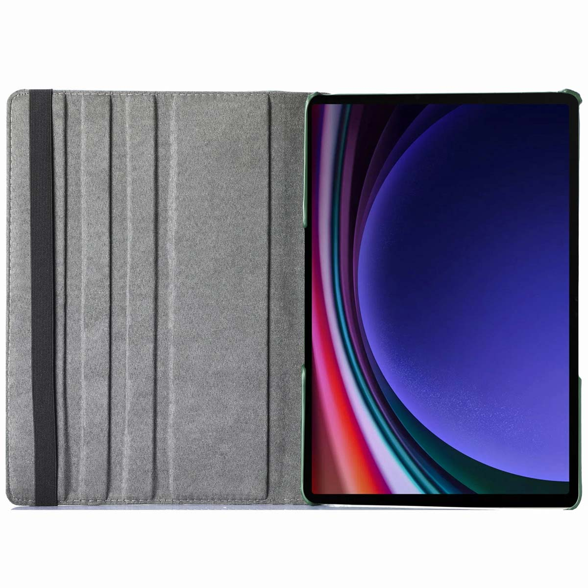 Tablet in open grijze hoes. Binnenkant met groene rand. Elastische band aan de zijkant.
