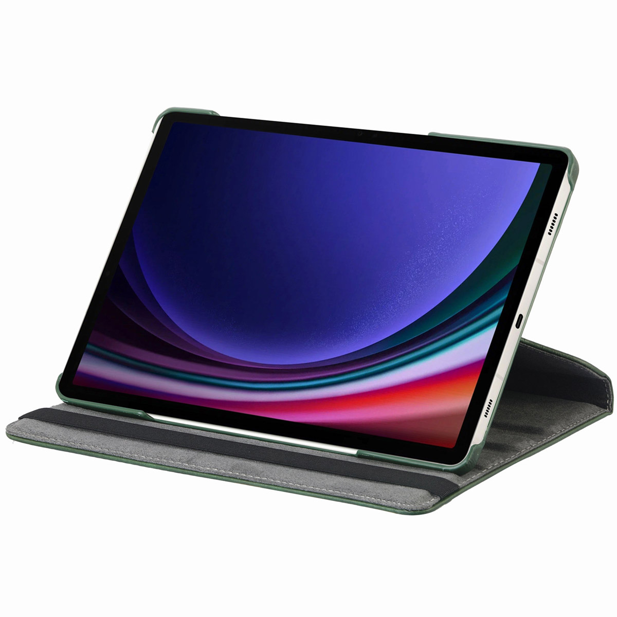 Tablet in een groene hoes, open, op een tafel.