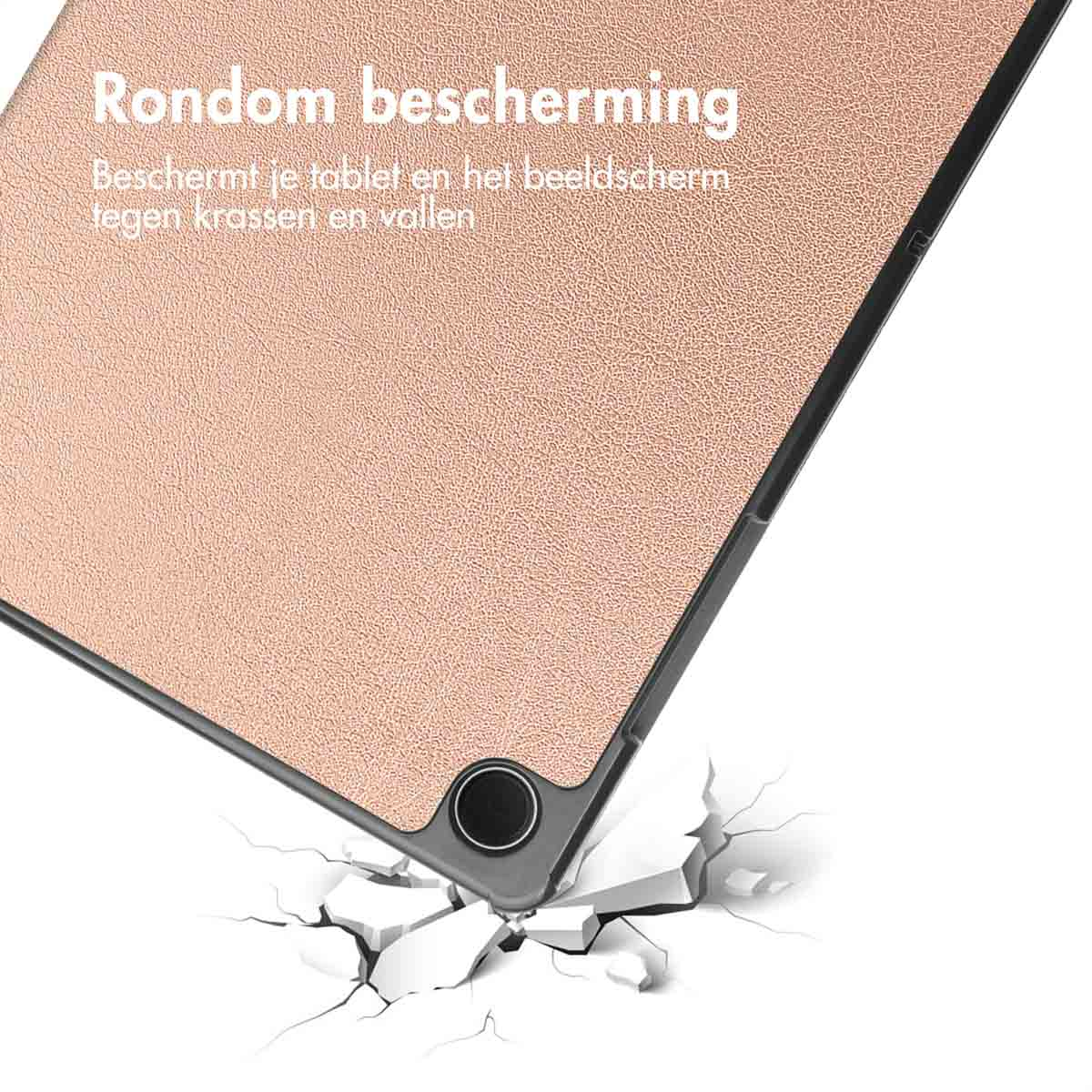 Une coque de tablette tombe et fissure le sol. Le texte dit "Protection intégrale".