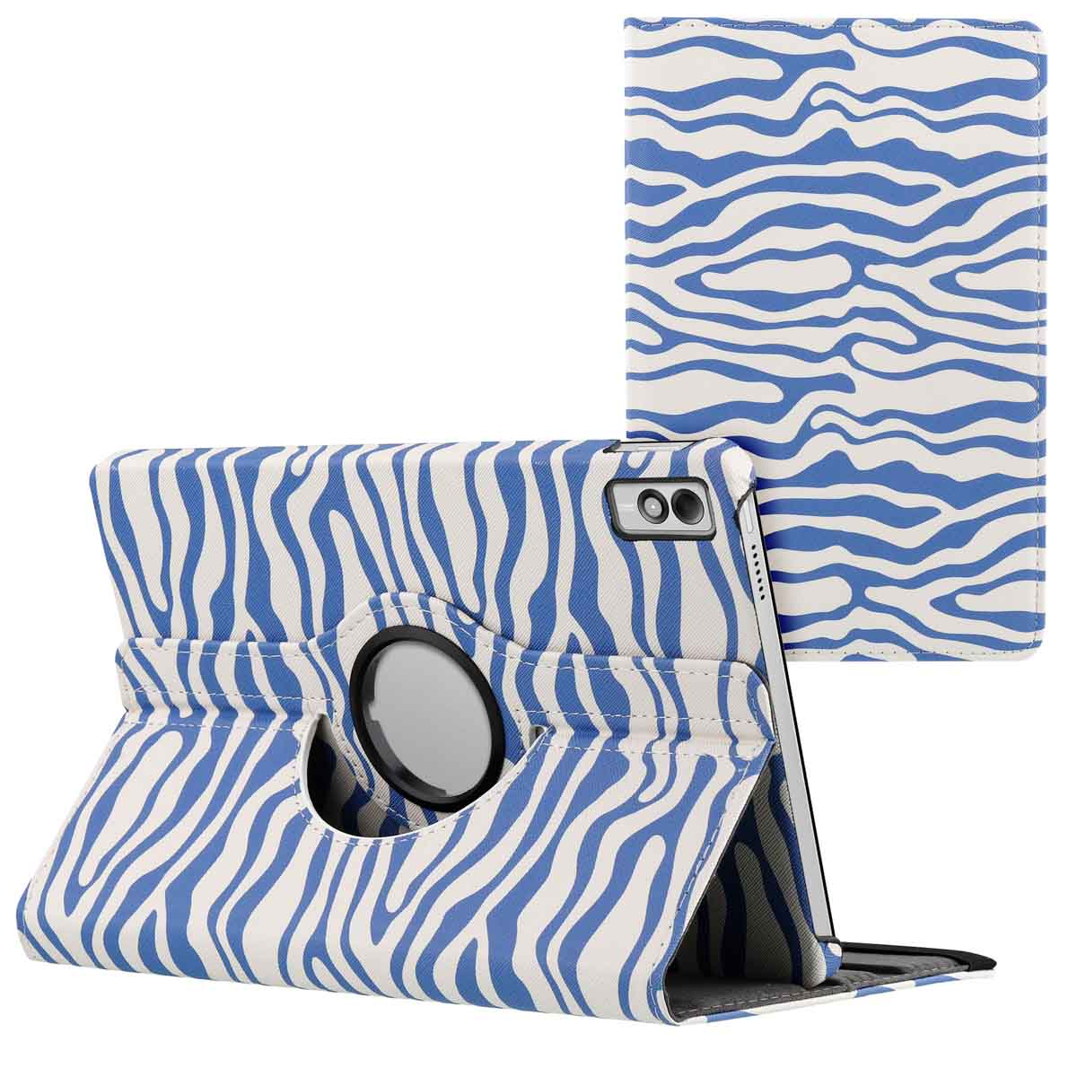 Tablet case with blue and white zebra stripes, open. Another case is visible in the background.
