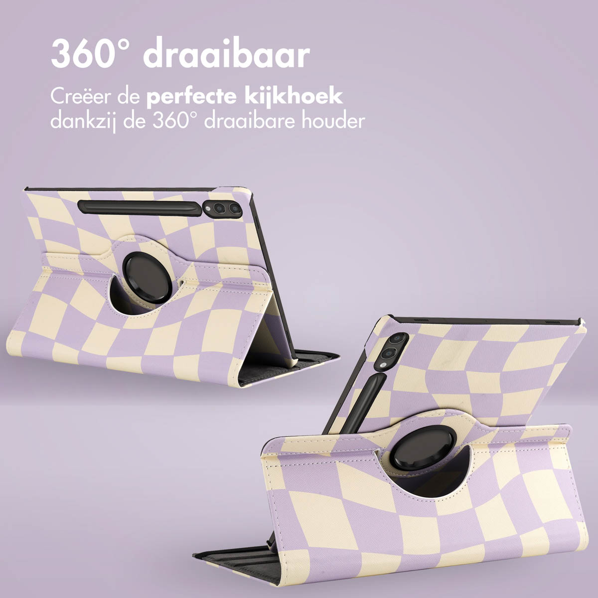 Tablet case with checkered pattern, partially open. Another tablet in the background. Purple and white checkered. Purple background.