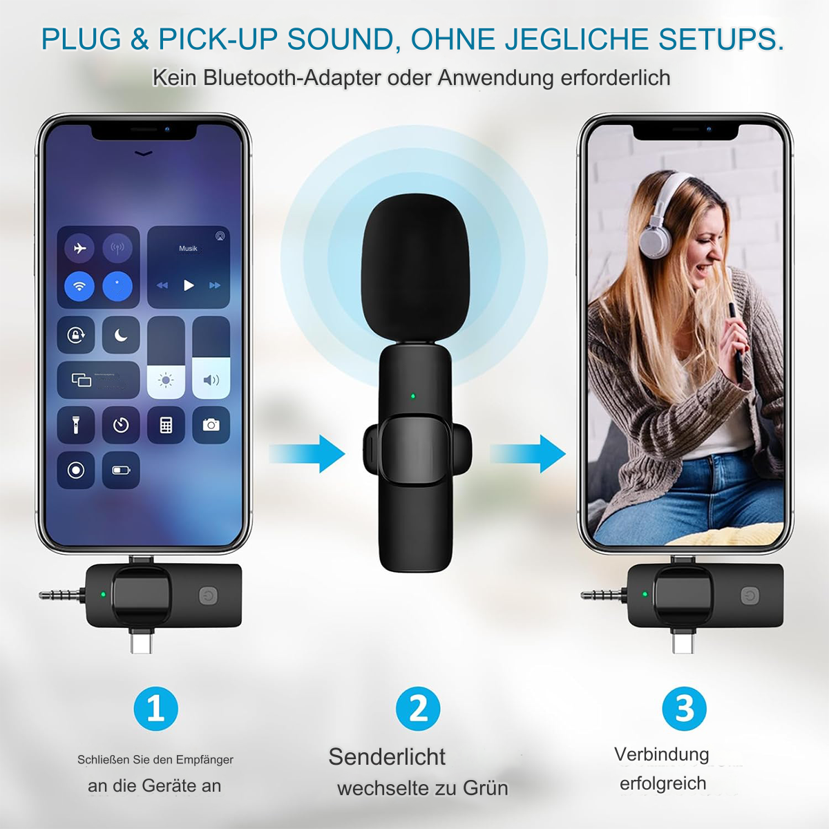 Ein drahtloses Mikrofon-Setup mit Telefon, Empfänger und einer Person, die es benutzt.