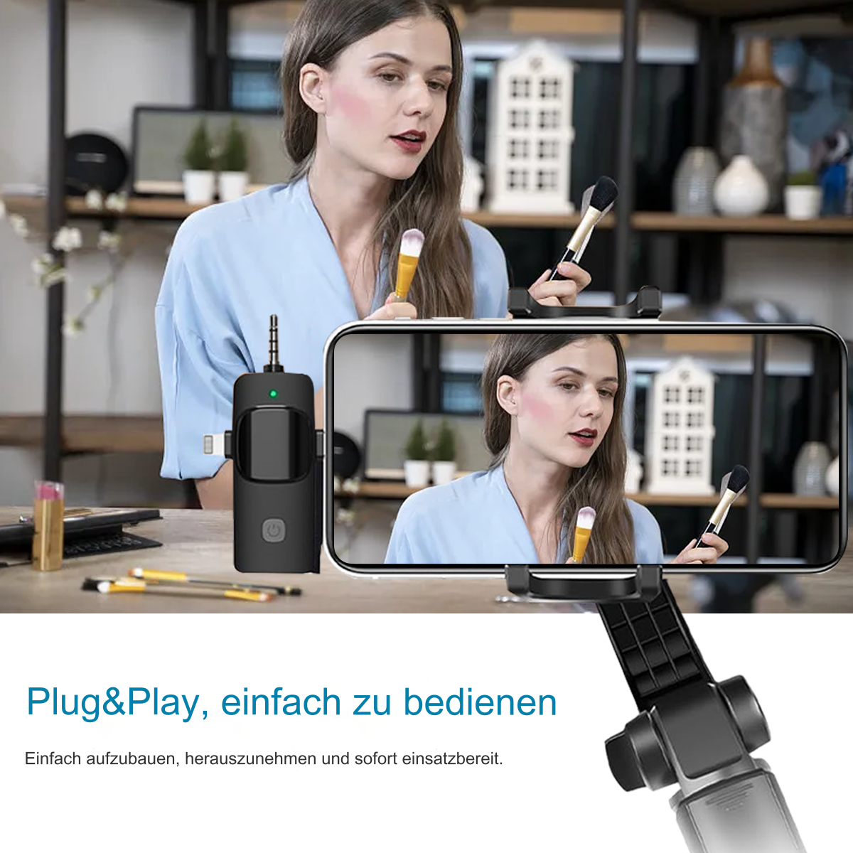 Frau benutzt Telefon und Mikrofon zum Schminken. Schwarzes Mikro, weißer Hintergrund.