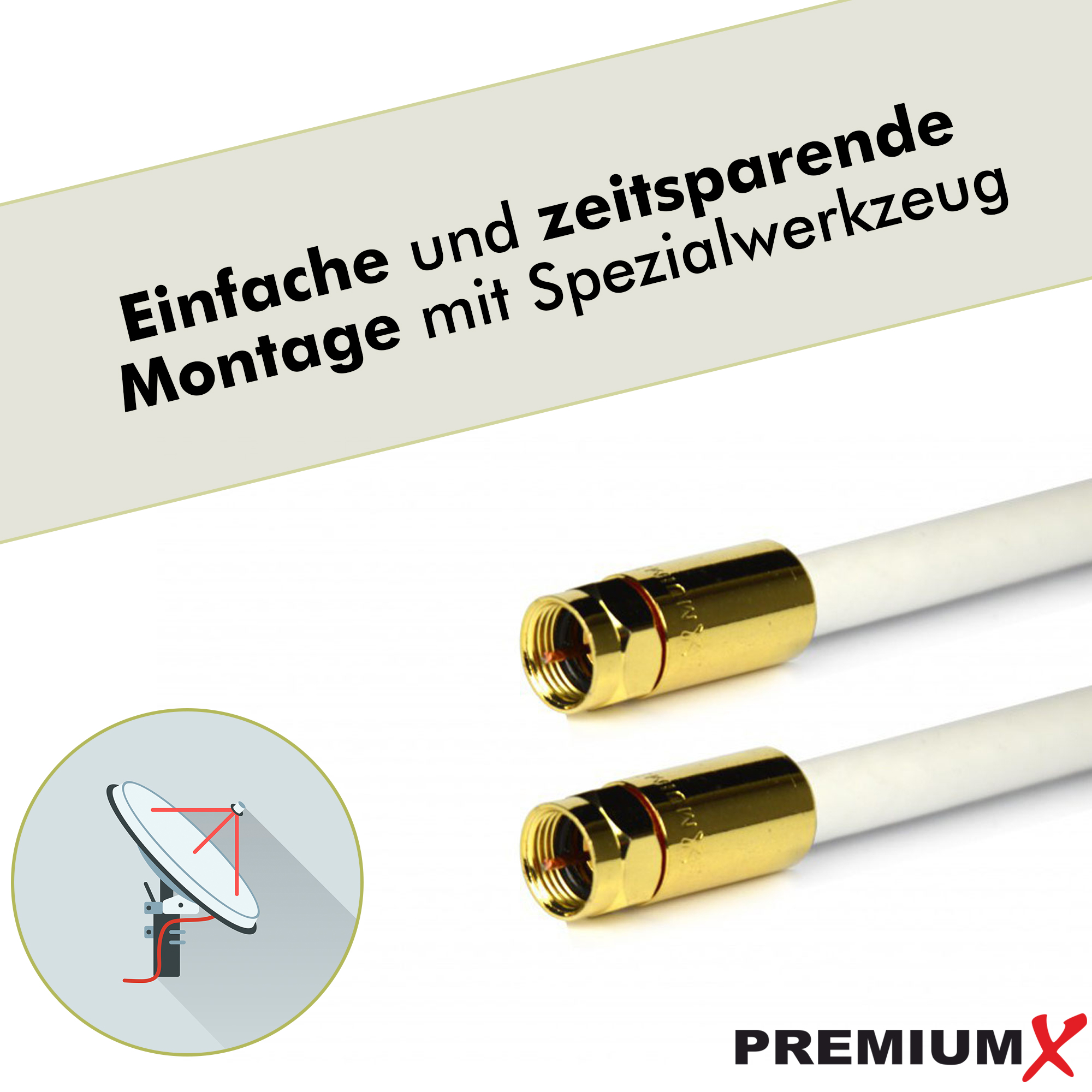Zwei weiße Koaxialkabel. Goldstecker, Text und ein Satellitenschüssel-Symbol.