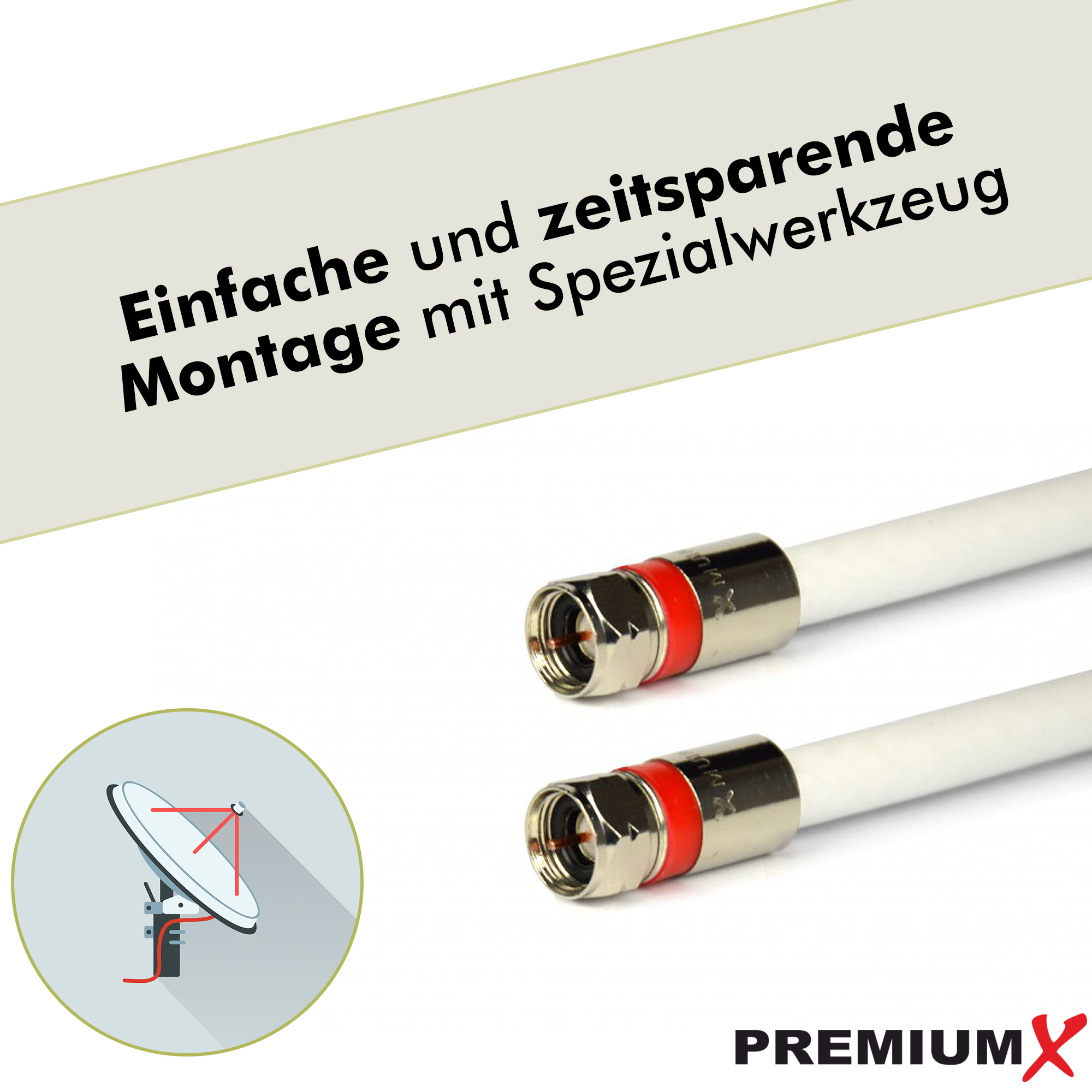 Zwei Koaxialkabel-Anschlüsse mit weißen Kabeln. Links ein Satellitenschüssel-Symbol.