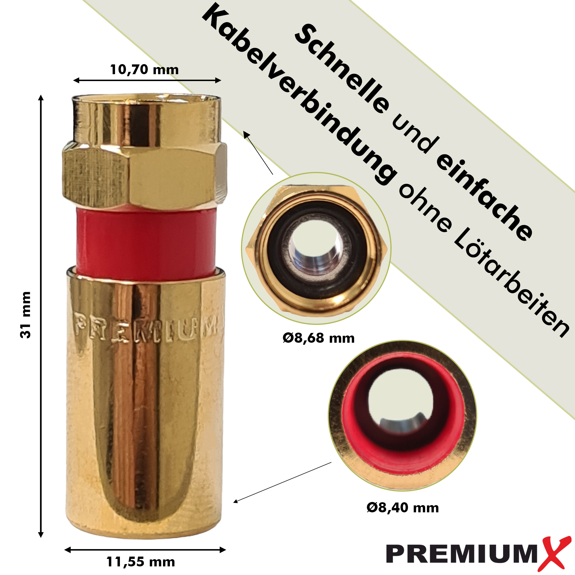 Goldfarbener Stecker mit rotem Ring, mit Text und Maßangaben auf Deutsch.