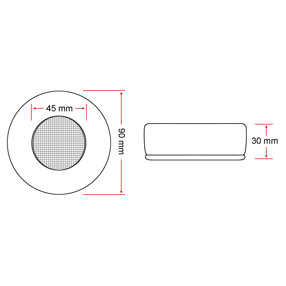Ein Diagramm zeigt ein rundes Objekt und eine Seitenansicht mit den Abmessungen: 45 mm, 90 mm und 30 mm.