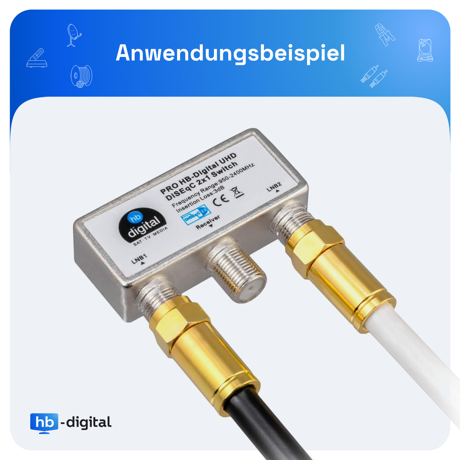 Ein Satellitensignal-Splitter mit Kabeln. Oben steht 'Anwendungsbeispiel'.