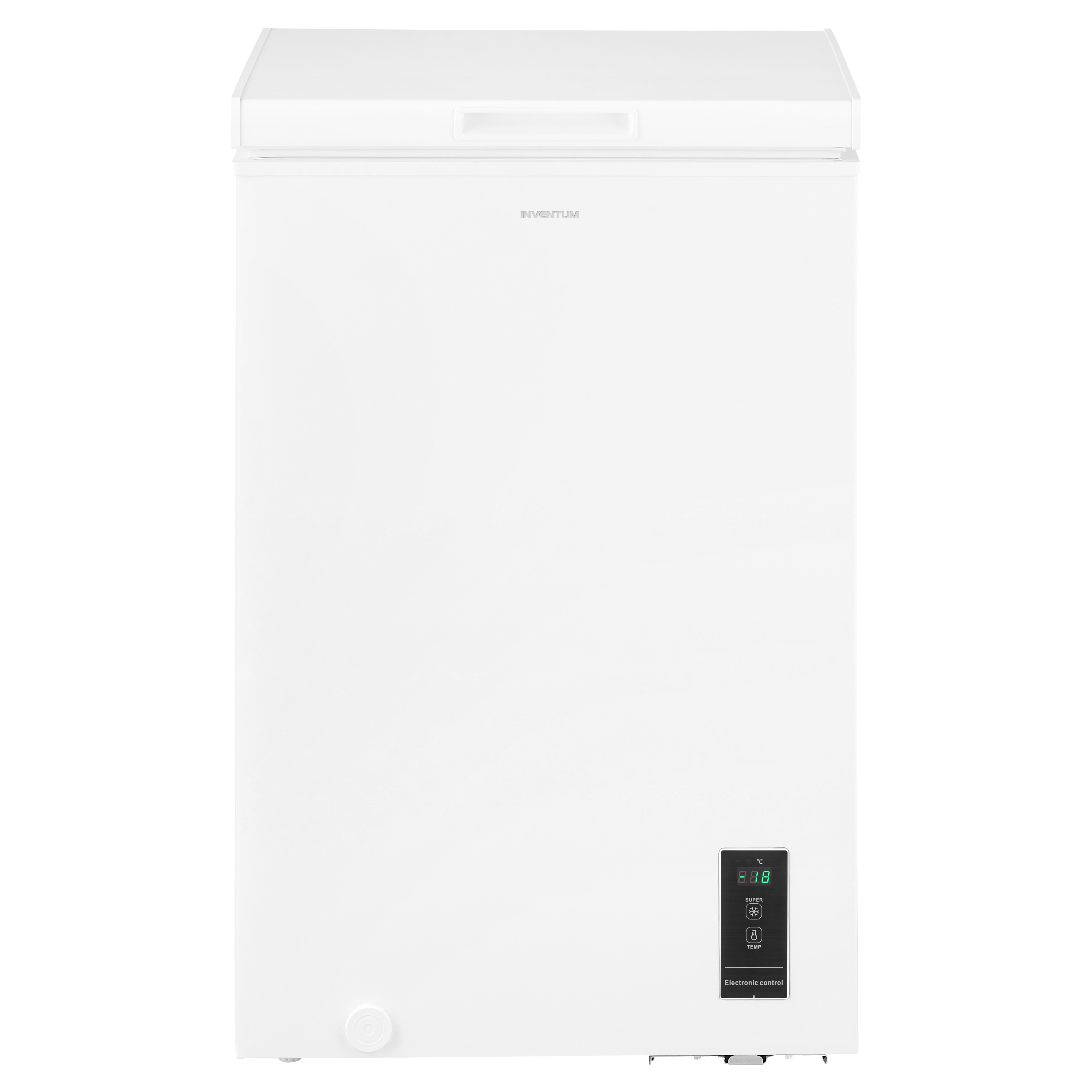 White chest freezer with digital temperature display and control buttons. White background.
