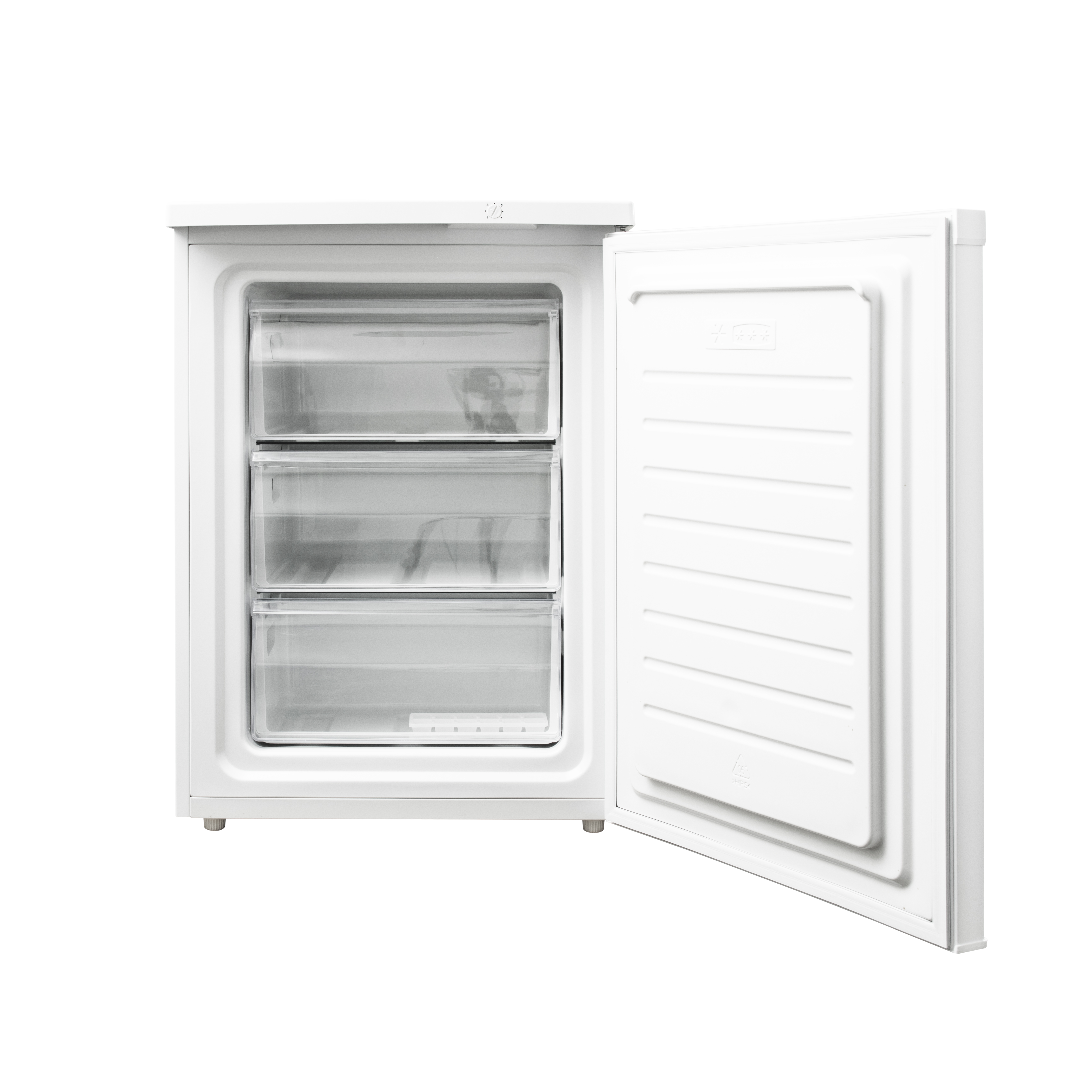 Frigorifero bianco con porta aperta che rivela cassetti trasparenti. Sfondo bianco.