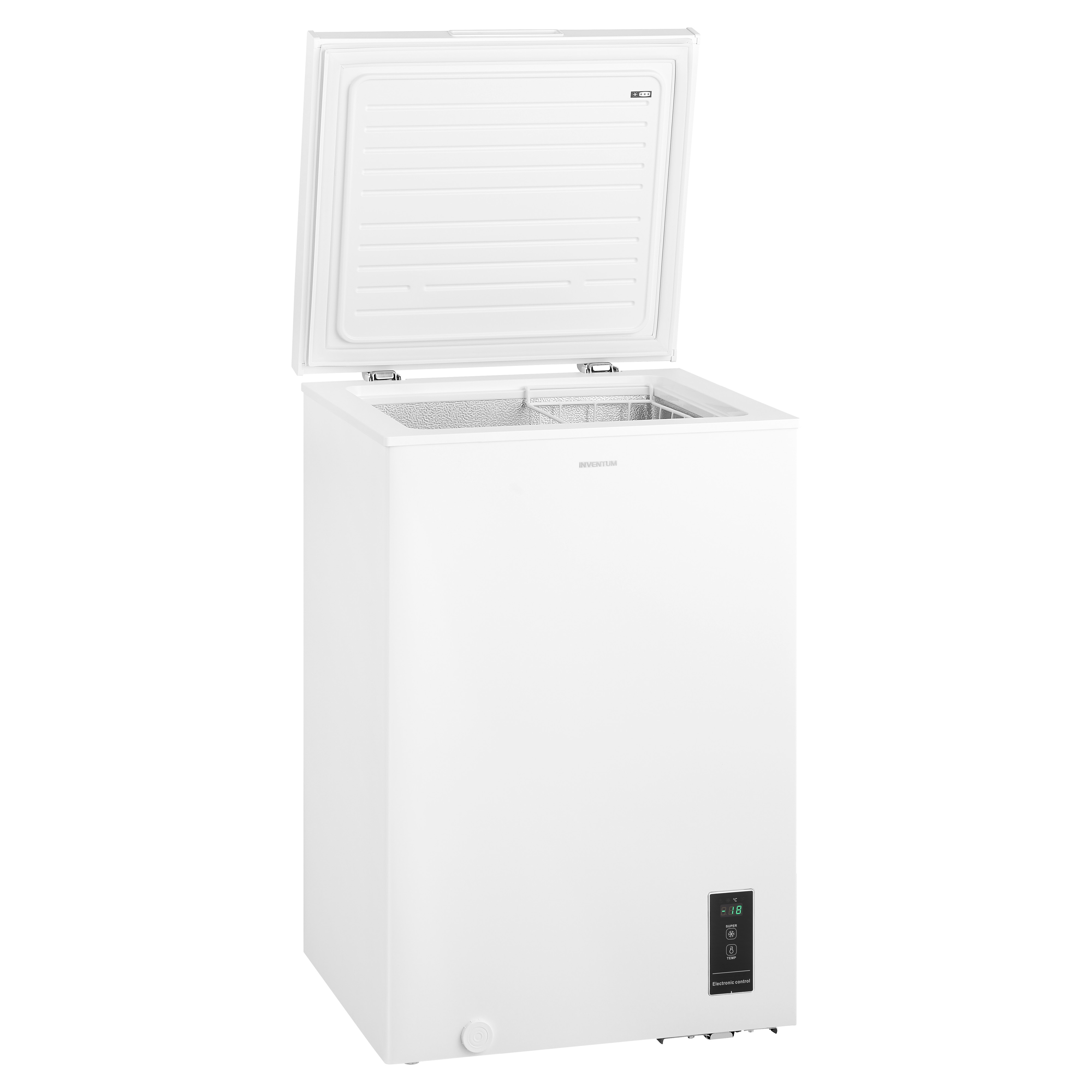 White chest freezer with the lid open. Interior with a wire basket is visible. Text is present.