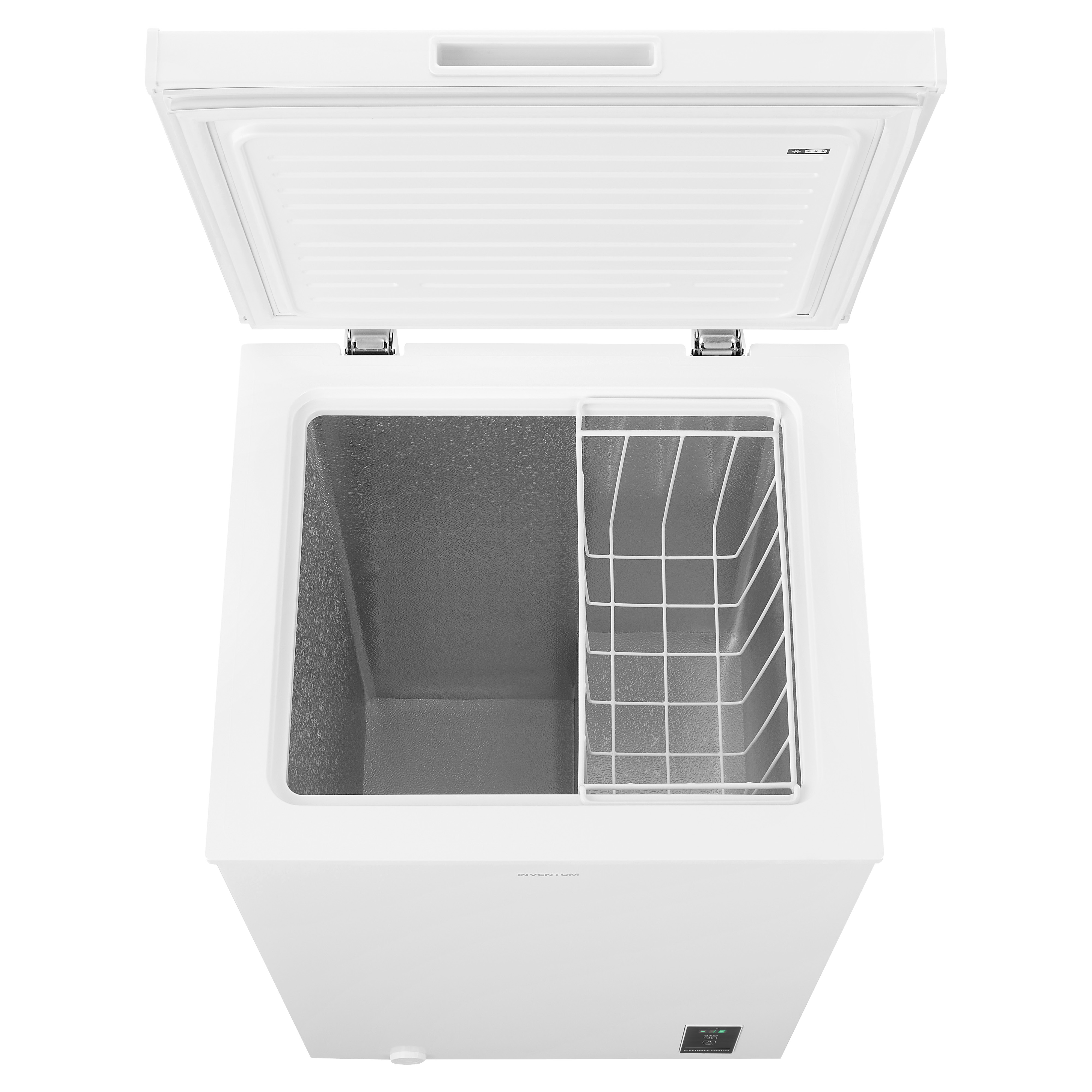 White chest freezer with the lid open. Inside is a white wire basket and the freezer compartment. White background.