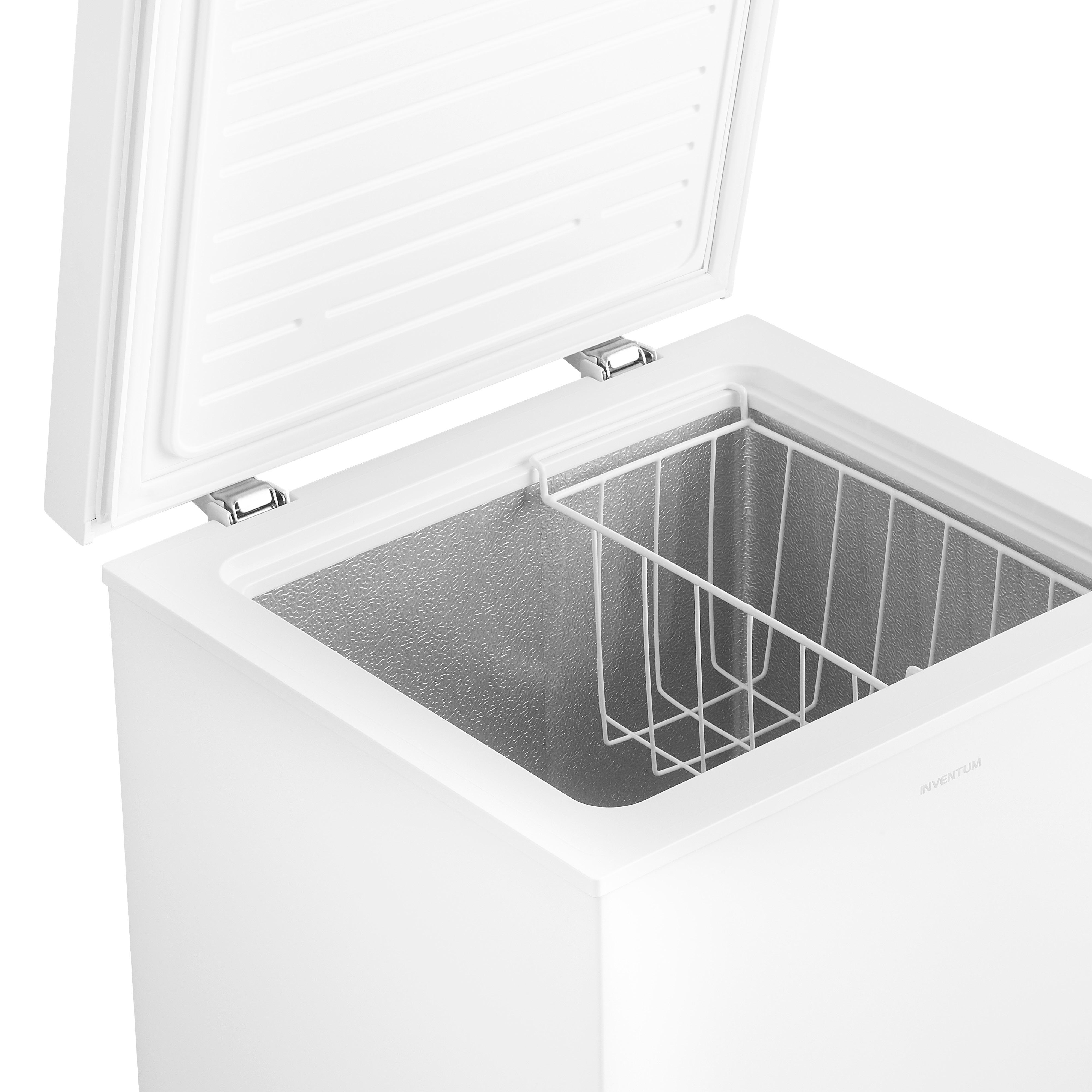 A white freezer open, showing the interior.