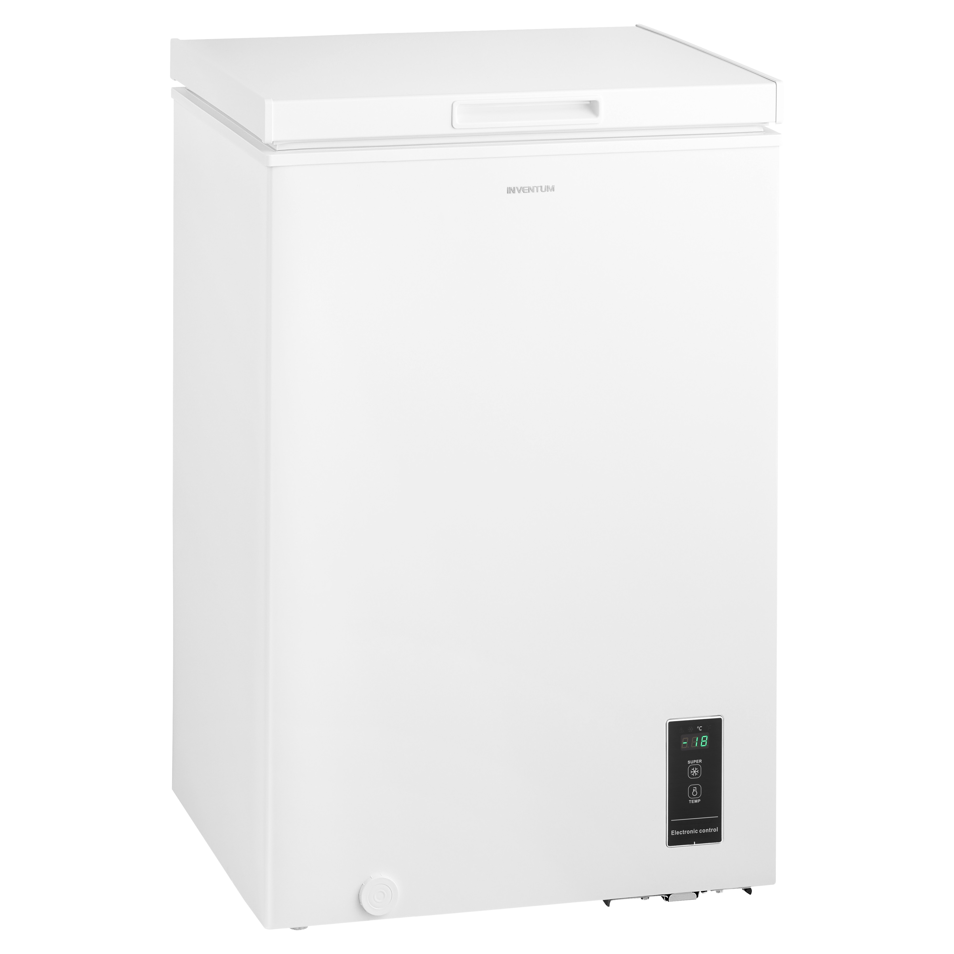 White chest freezer with digital display. The freezer is closed. White background.