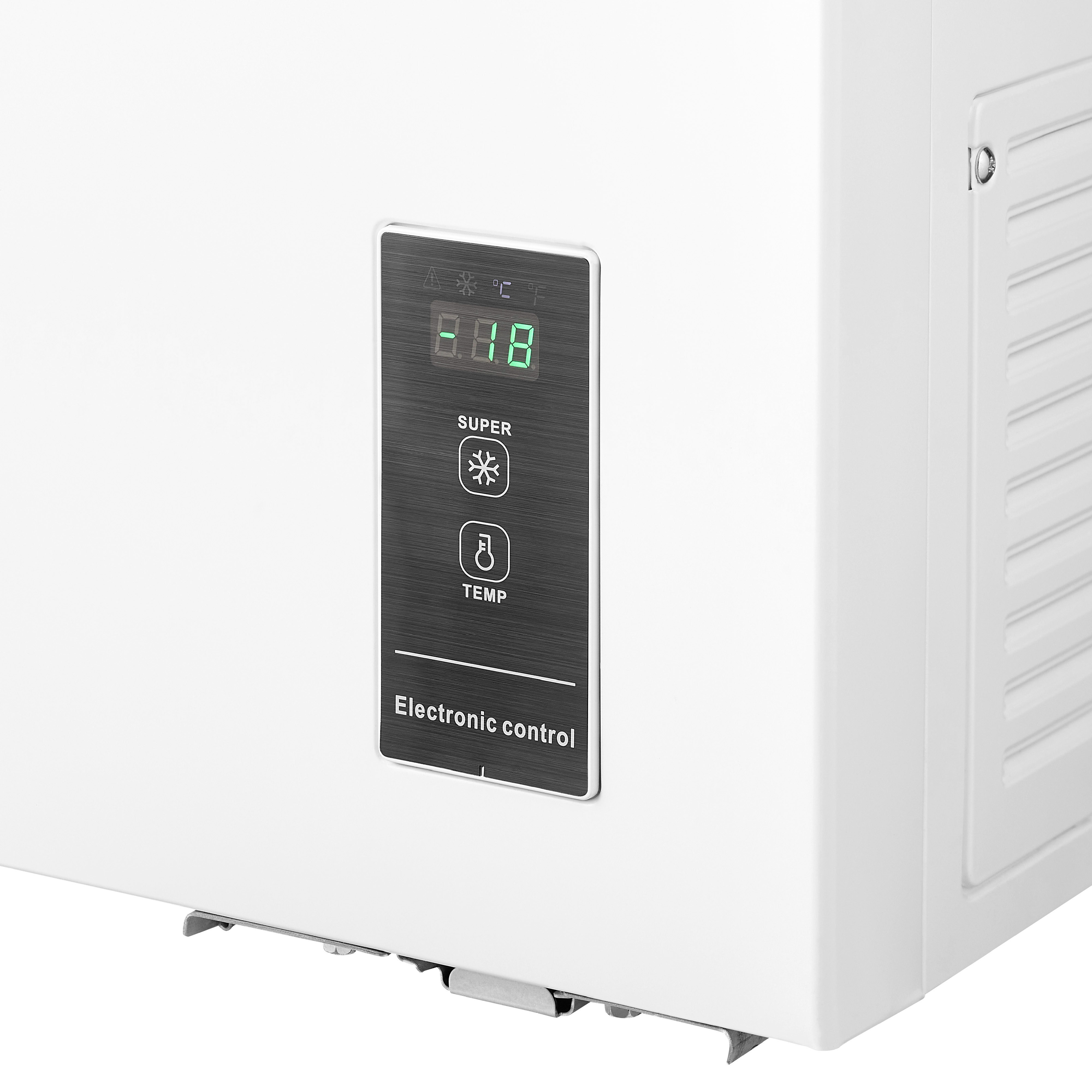 Close-up of a white freezer control panel. Displays temperature and settings.
