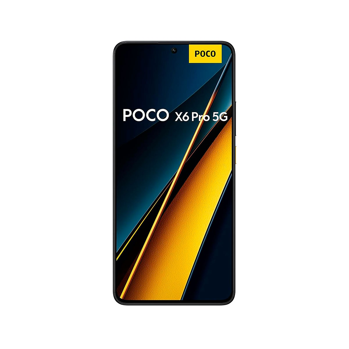 Schwarzes Smartphone mit POCO X6 Pro 5G auf dem Bildschirm. Gelb-blauer Hintergrund. Schwarzer Rahmen.