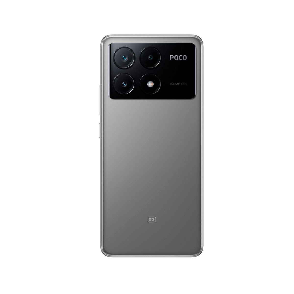 Ein graues Smartphone mit vier Rückkameras und dem POCO-Logo. Es liegt auf einer weißen Oberfläche.