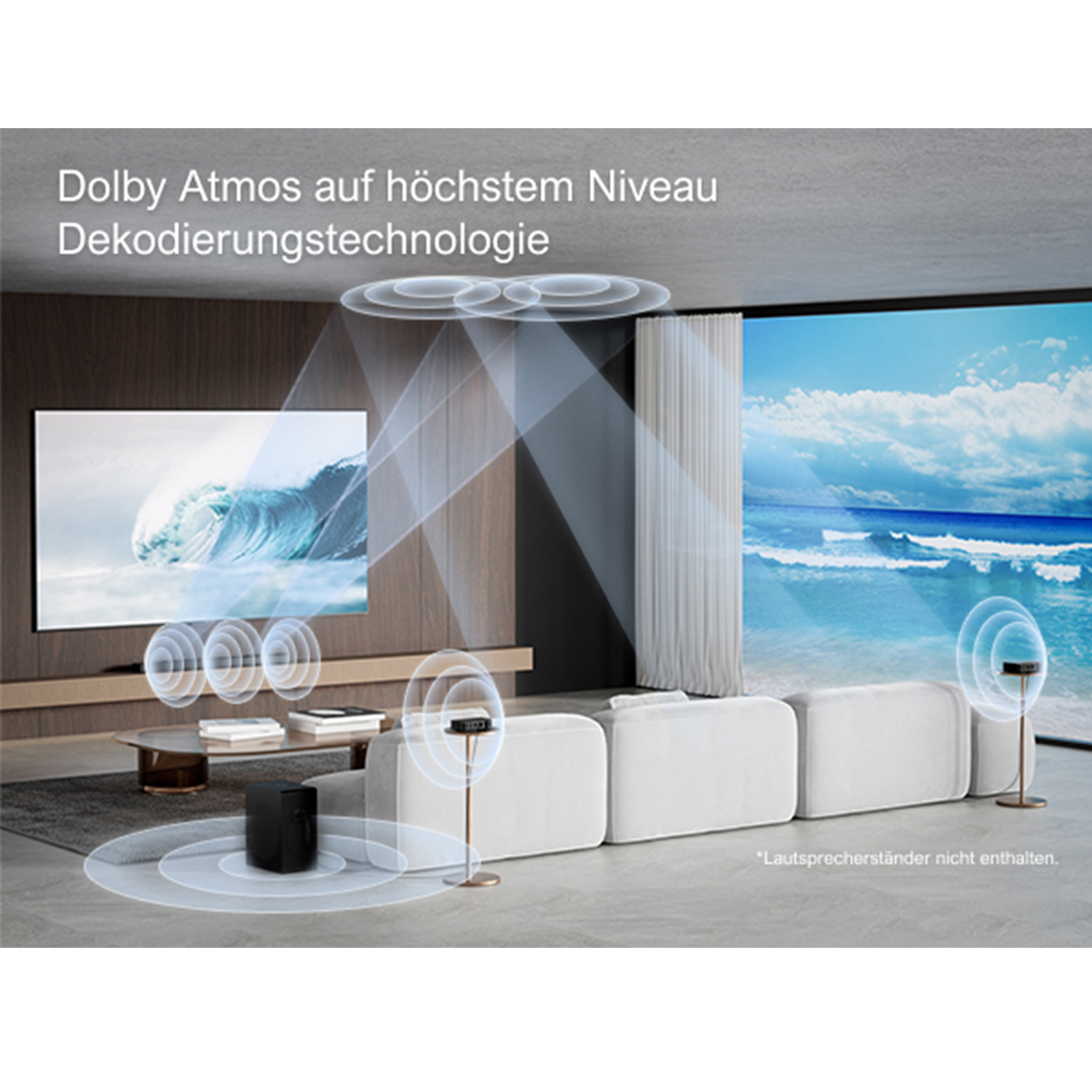 Wohnzimmer mit TV, das Wellen zeigt, Schallwellen-Visualisierungen, Lautsprechern, weißem Sofa und Fenster.