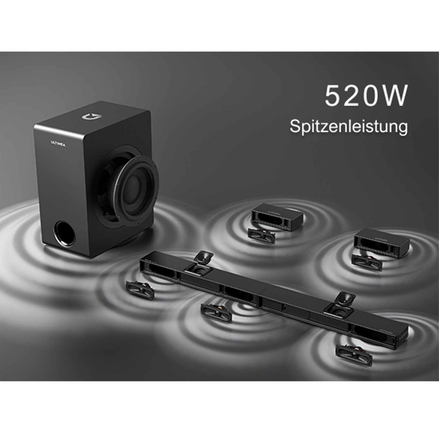Schwarzes Soundsystem mit Subwoofer, Soundbar und mehreren Satellitenlautsprechern.