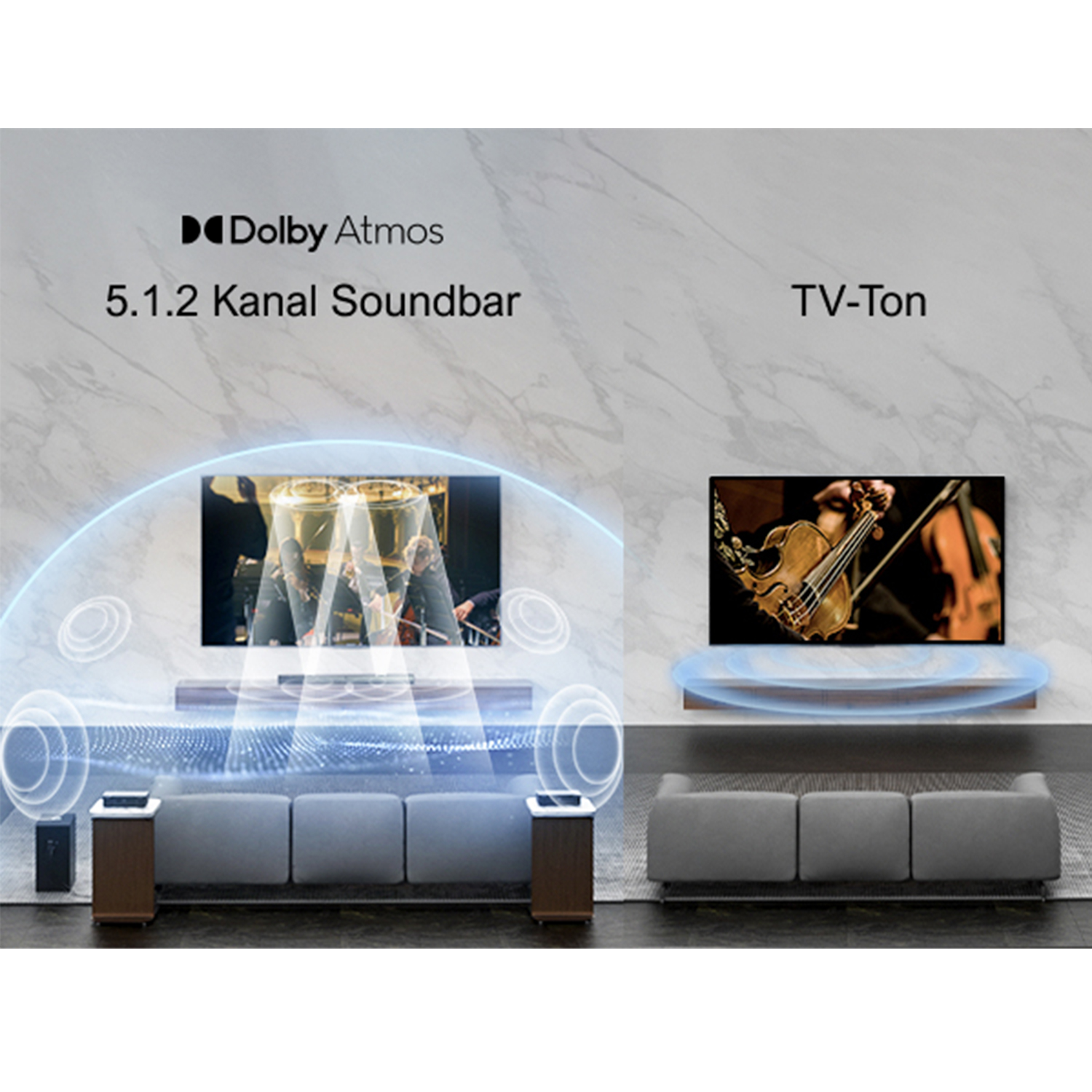 Soundbar-Setup mit Dolby Atmos-Effekt, mit einem Fernsehbildschirm.