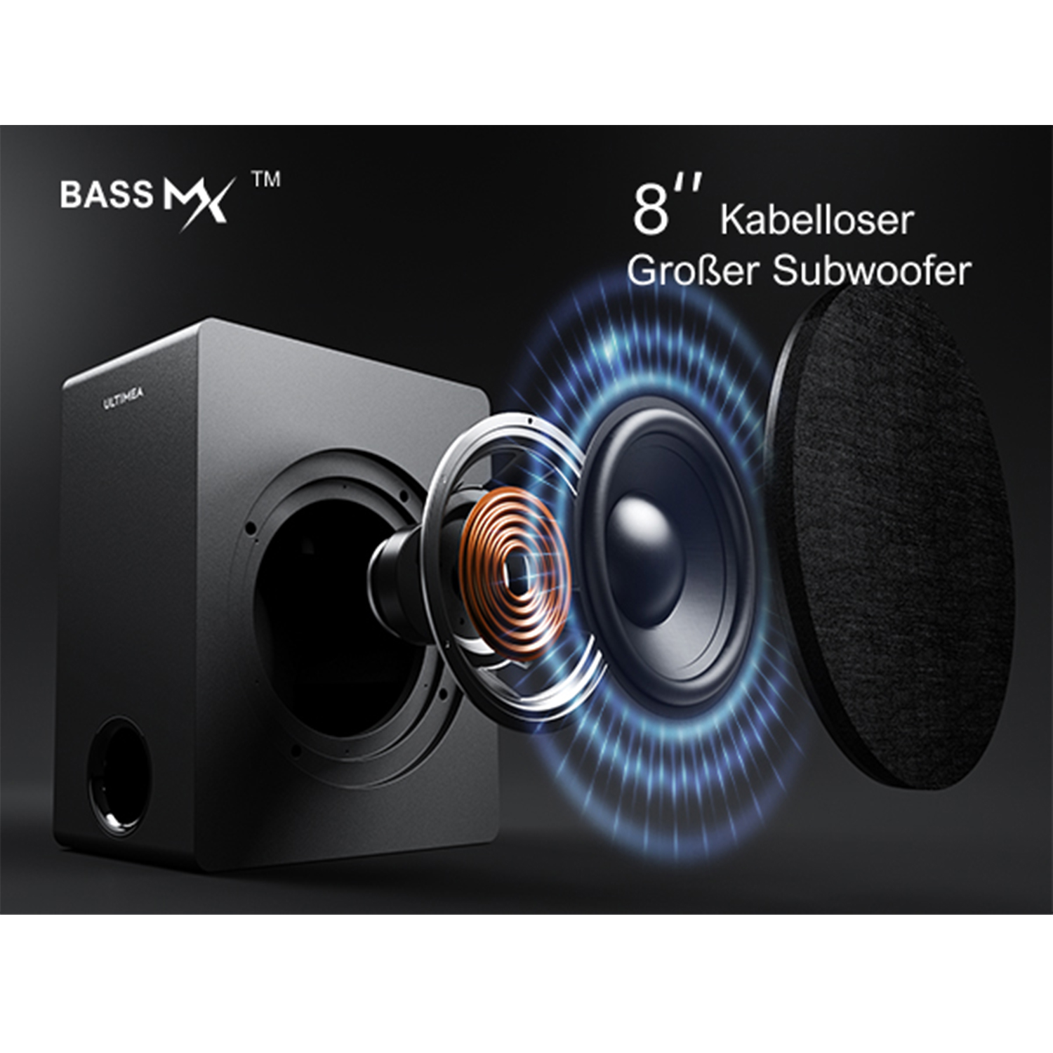 Schwarzer Subwoofer mit detaillierter Ansicht des Lautsprechers und Blauleuchteffekt.