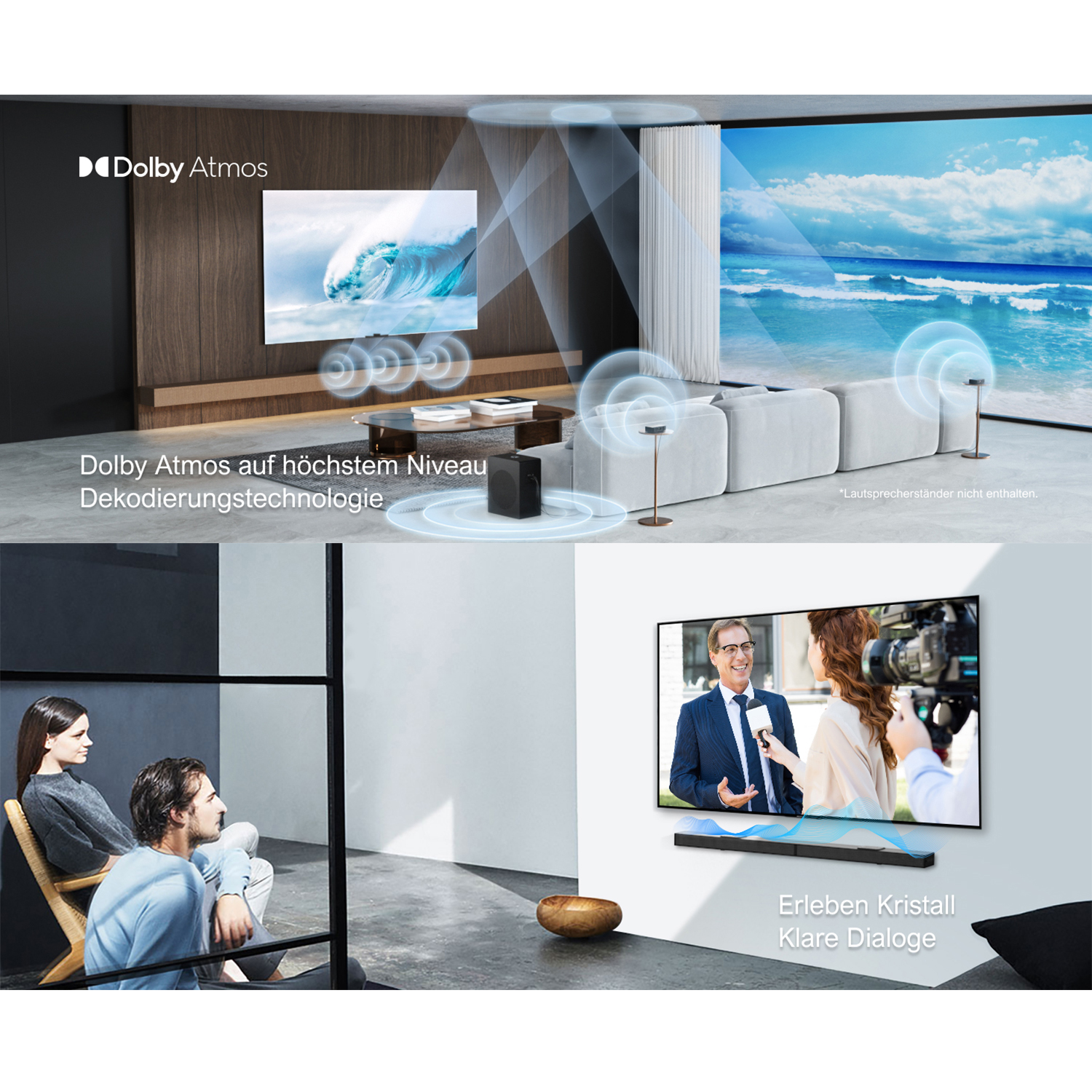 Ein Fernseher zeigt Wellen. Vorne sind eine Couch und Lautsprecher. Eine Soundbar unter einem TV.