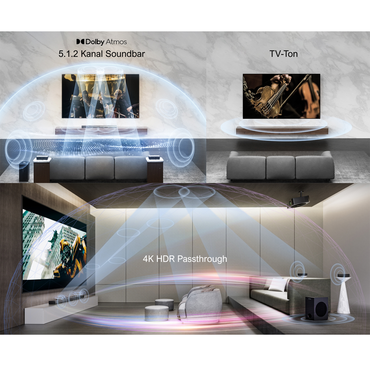 Mehrere Bildschirme zeigen Heimkino-Setups mit Soundbars und Lautsprechern.