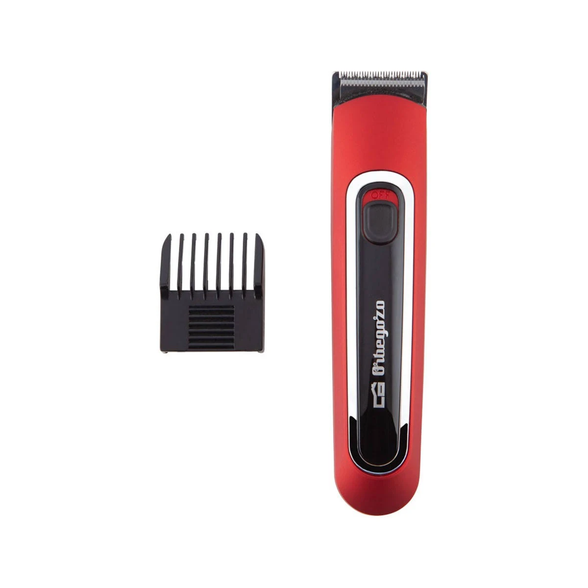 Recortador de cabello rojo con detalles negros y un accesorio de peine negro. Fondo blanco.