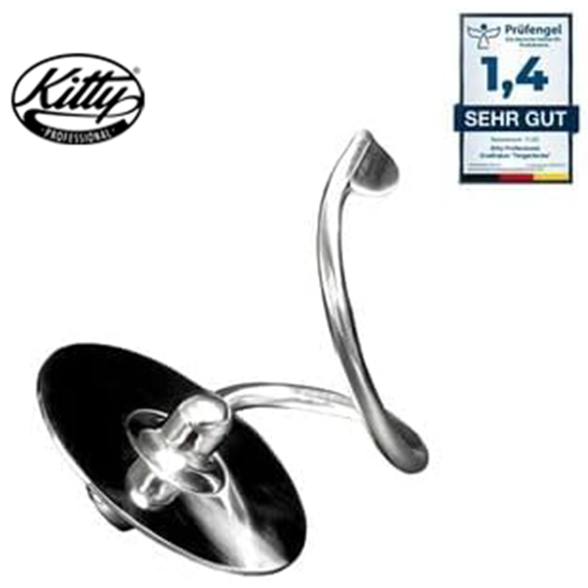 Ein chromfarbener Kitty Professional Handspiegel mit schwarzer Oberfläche und Prüfengel-Label.