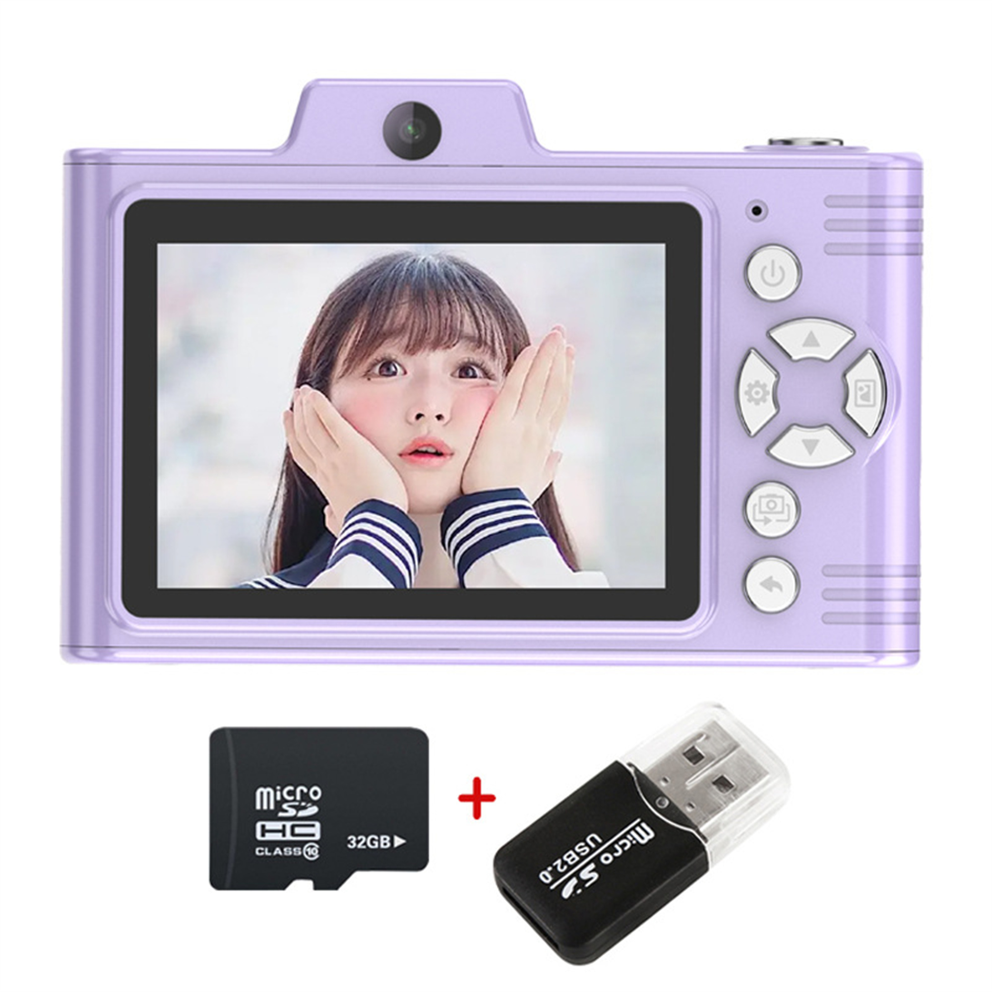 Eine lila Kamera mit einem Foto eines Mädchens. Enthält SD-Karte und USB-Adapter.