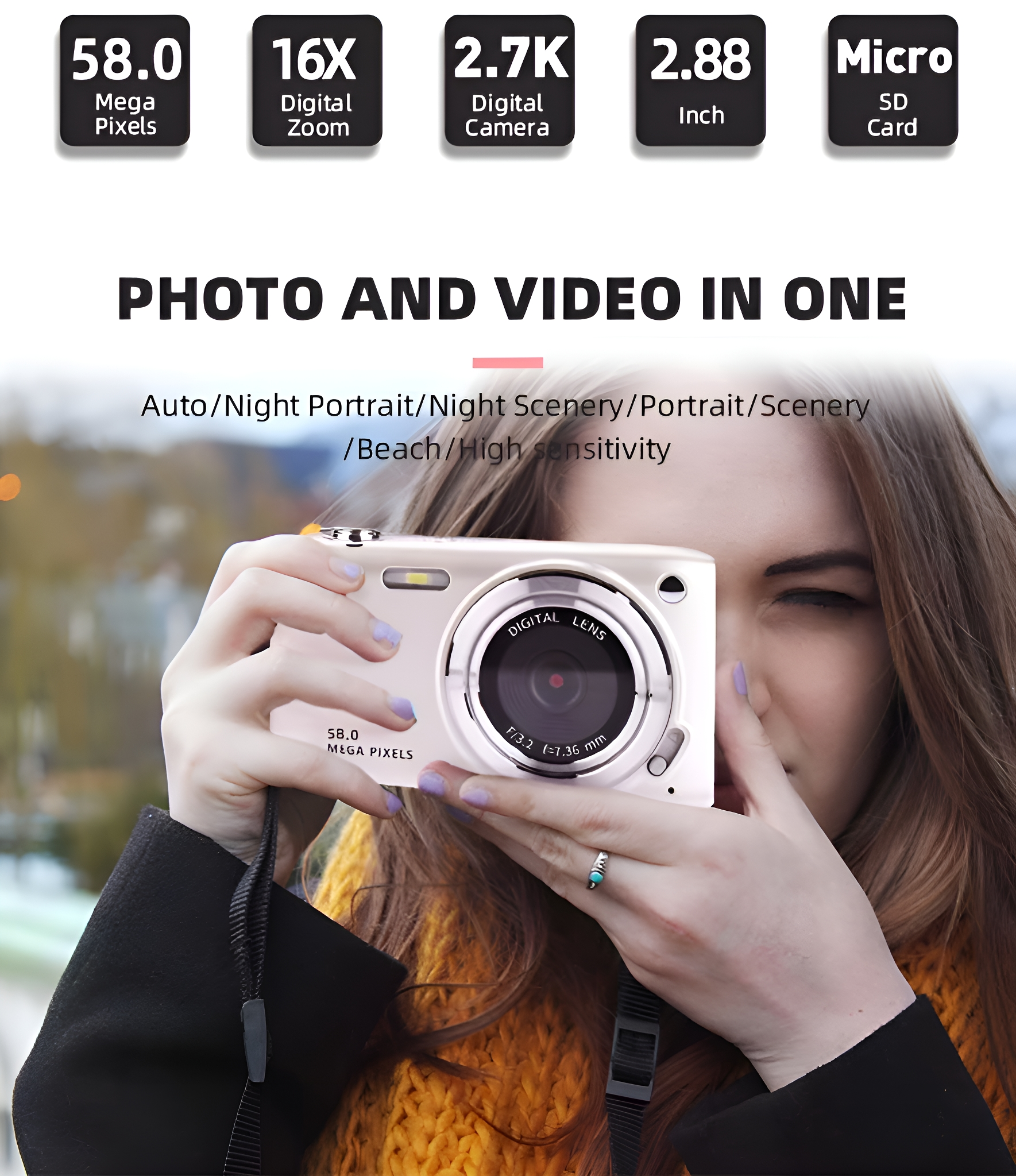 Eine Frau hält eine Digitalkamera mit den Spezifikationen: 58MP, 16x Zoom, 2.7K Kamera, 2.88 Zoll, SD-Karte.