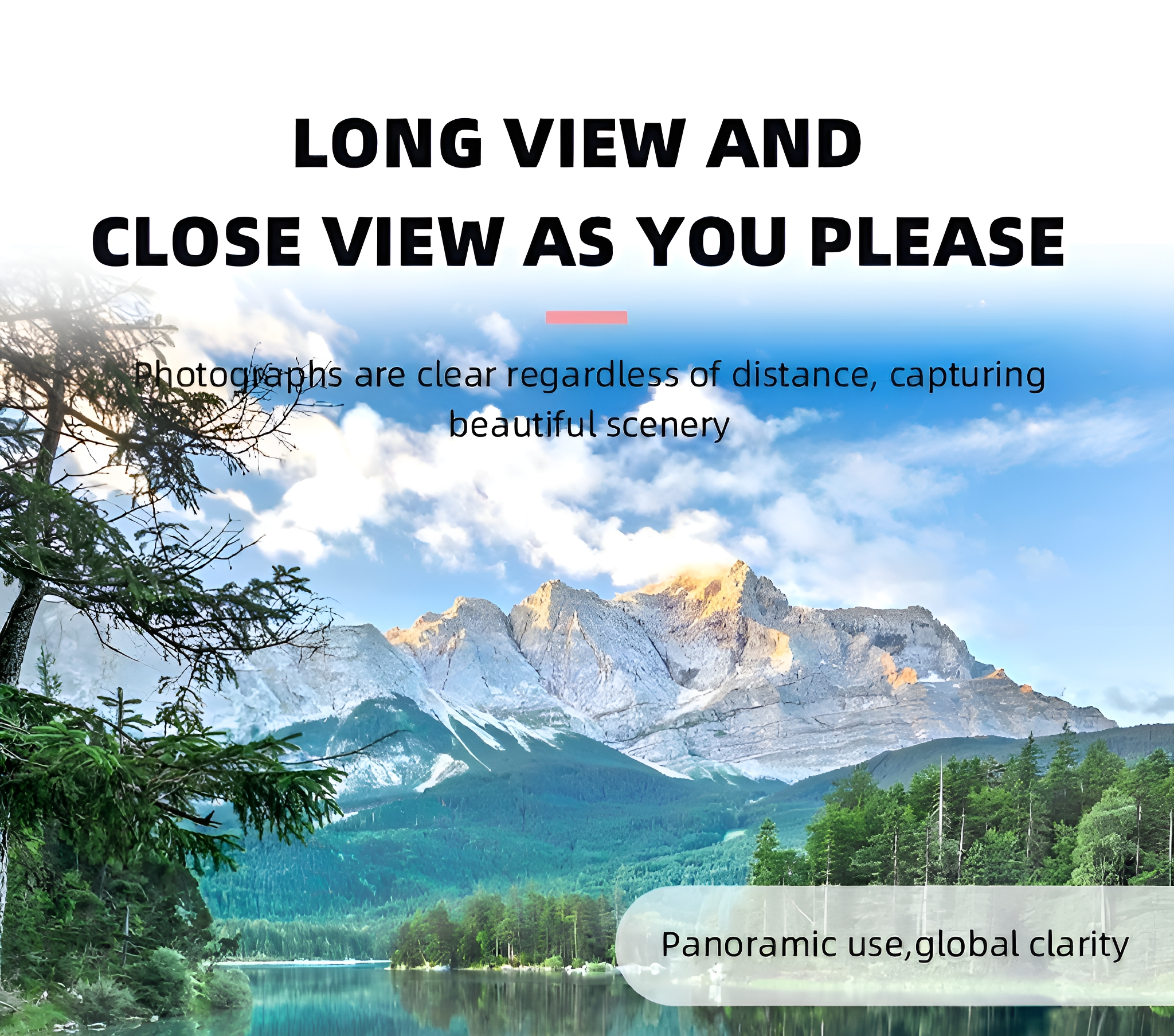 Berglandschaft über einem See, mit Text oben. Eine wunderschöne Aussicht.