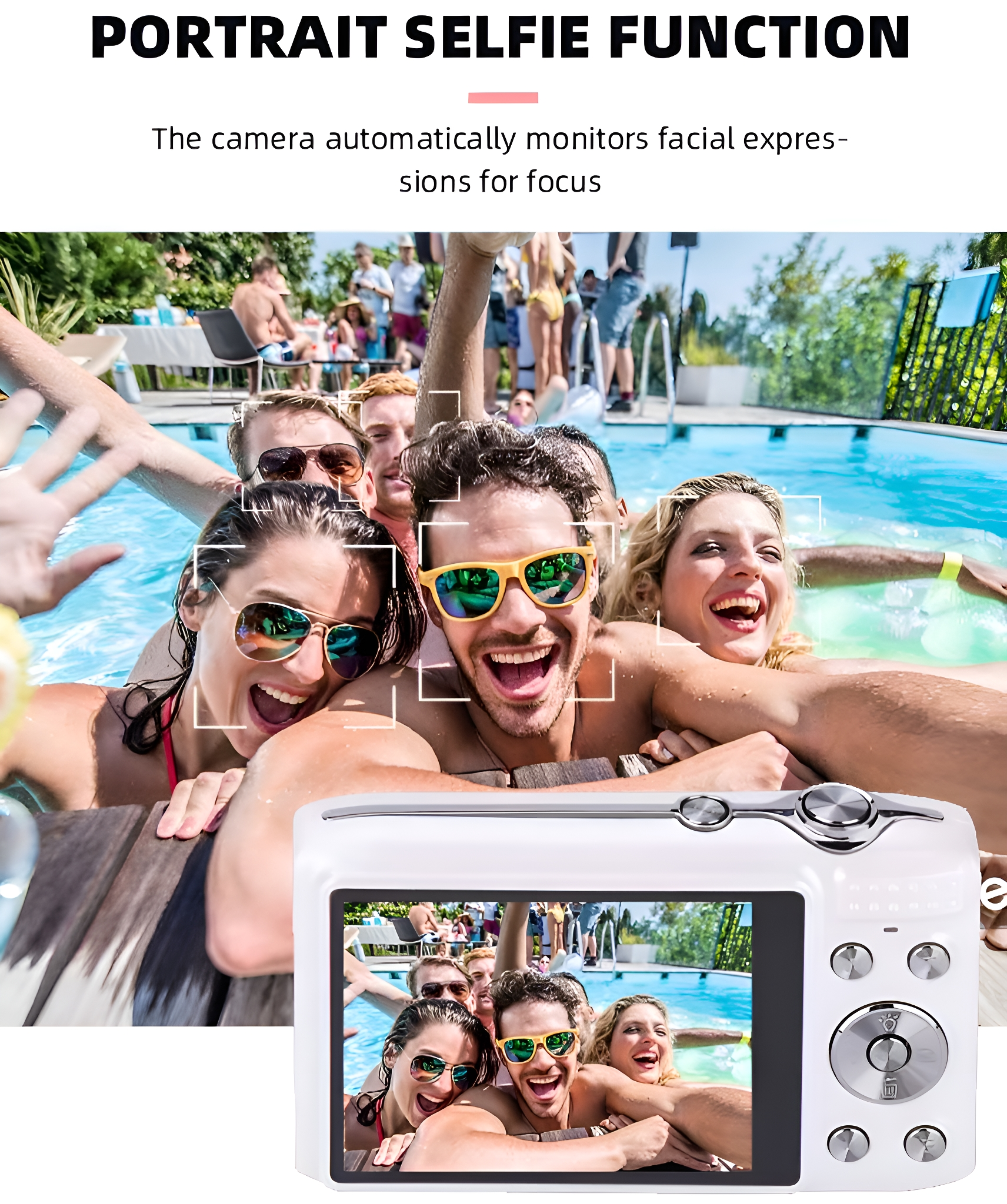 Kamera, die eine Gruppe von Leuten in einem Pool zeigt, Portrait-Selfie-Funktion.