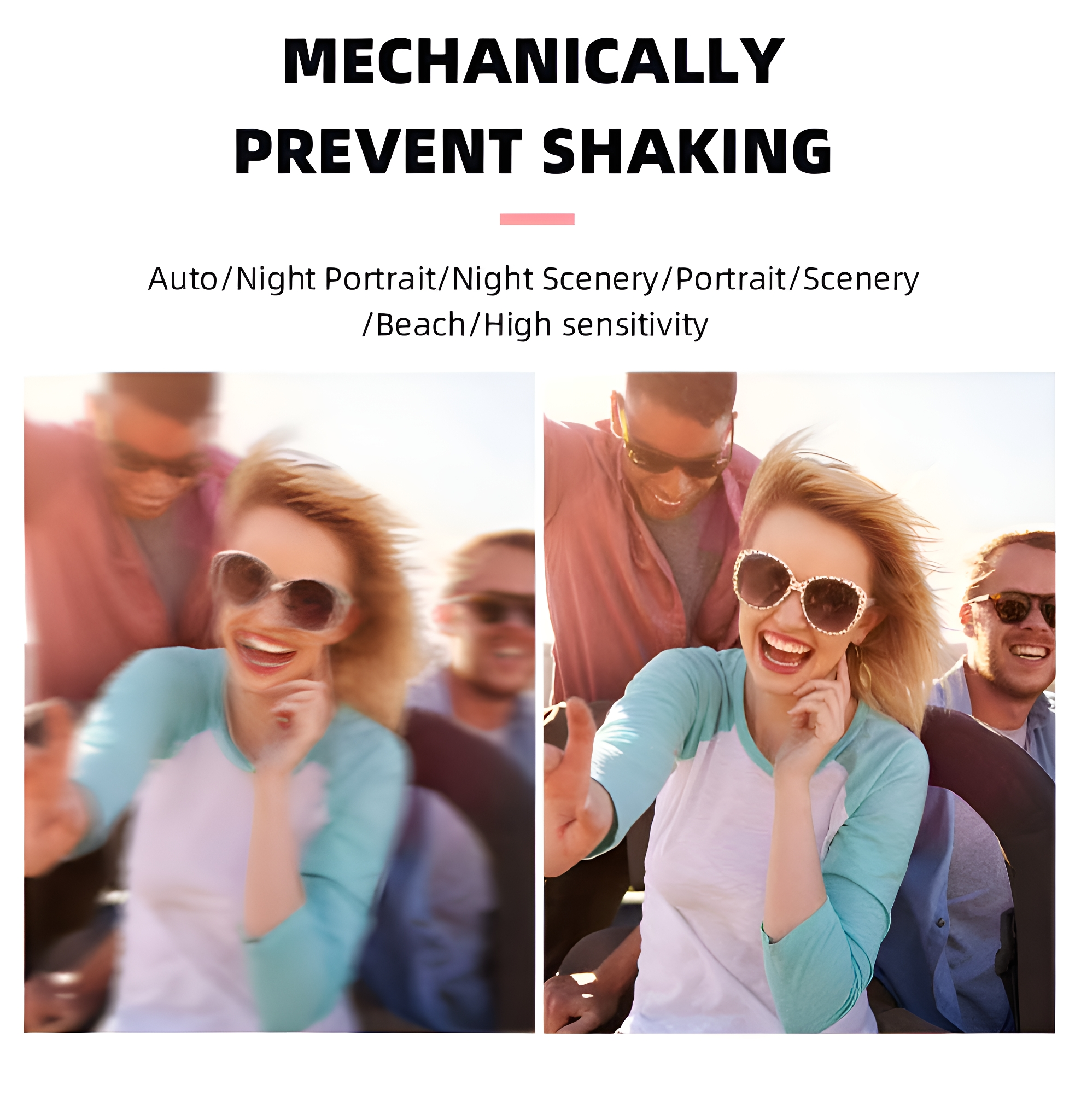 Verschwommene vs. klare Fotos von Personen, die Bildstabilisierungsvorteile zeigen.