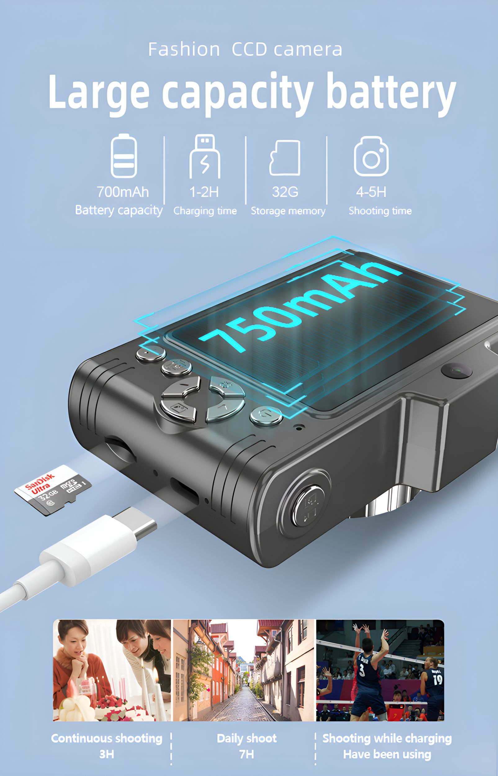 Kleine schwarze Kamera mit Bildschirm und USB-Kabel. Text erwähnt Akkulaufzeit, Ladezeit und Speicher.