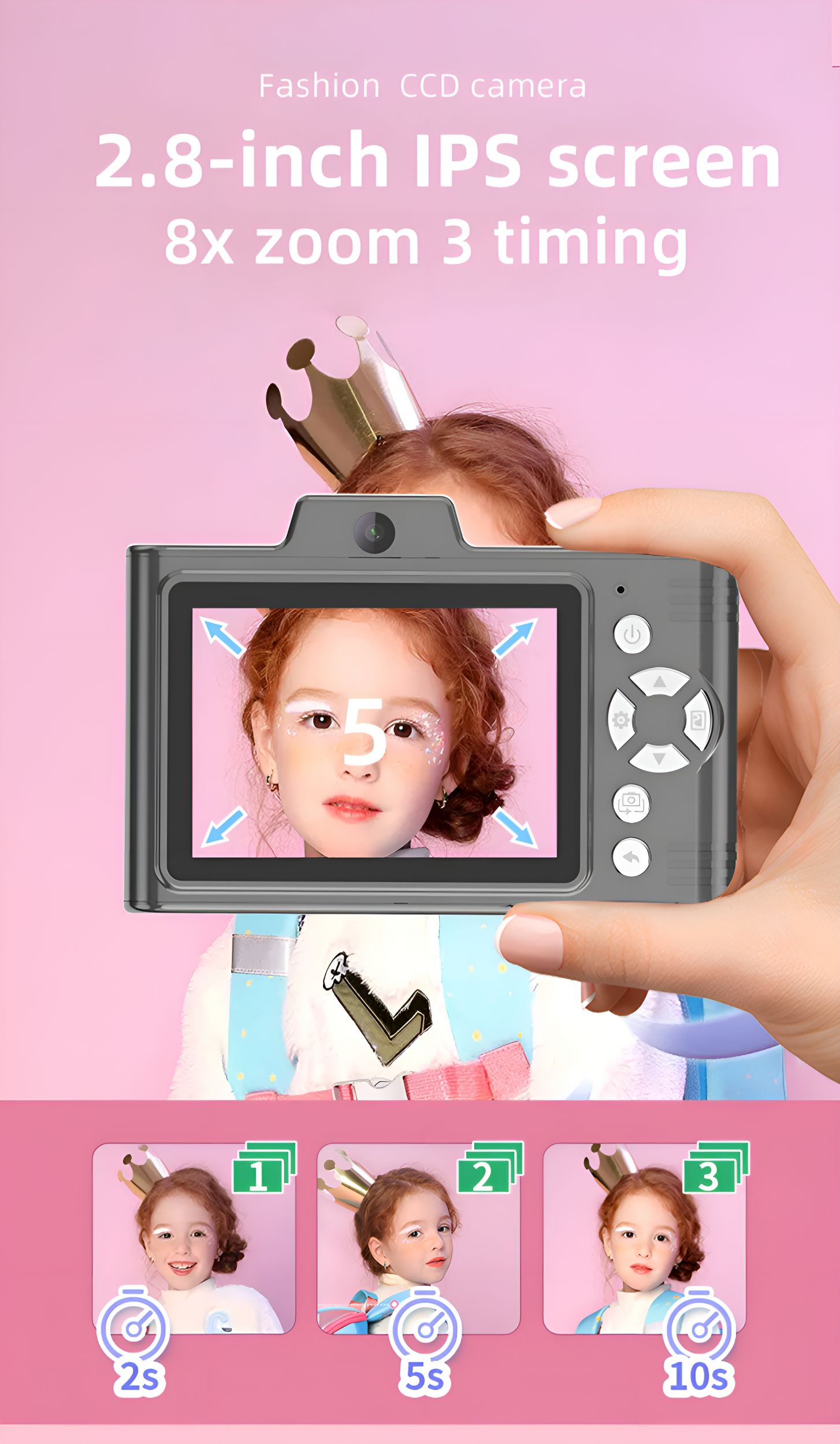 Ein Mädchen hält eine graue Kinderkamera und macht ein Foto. Drei kleine Fotos zeigen Posen.