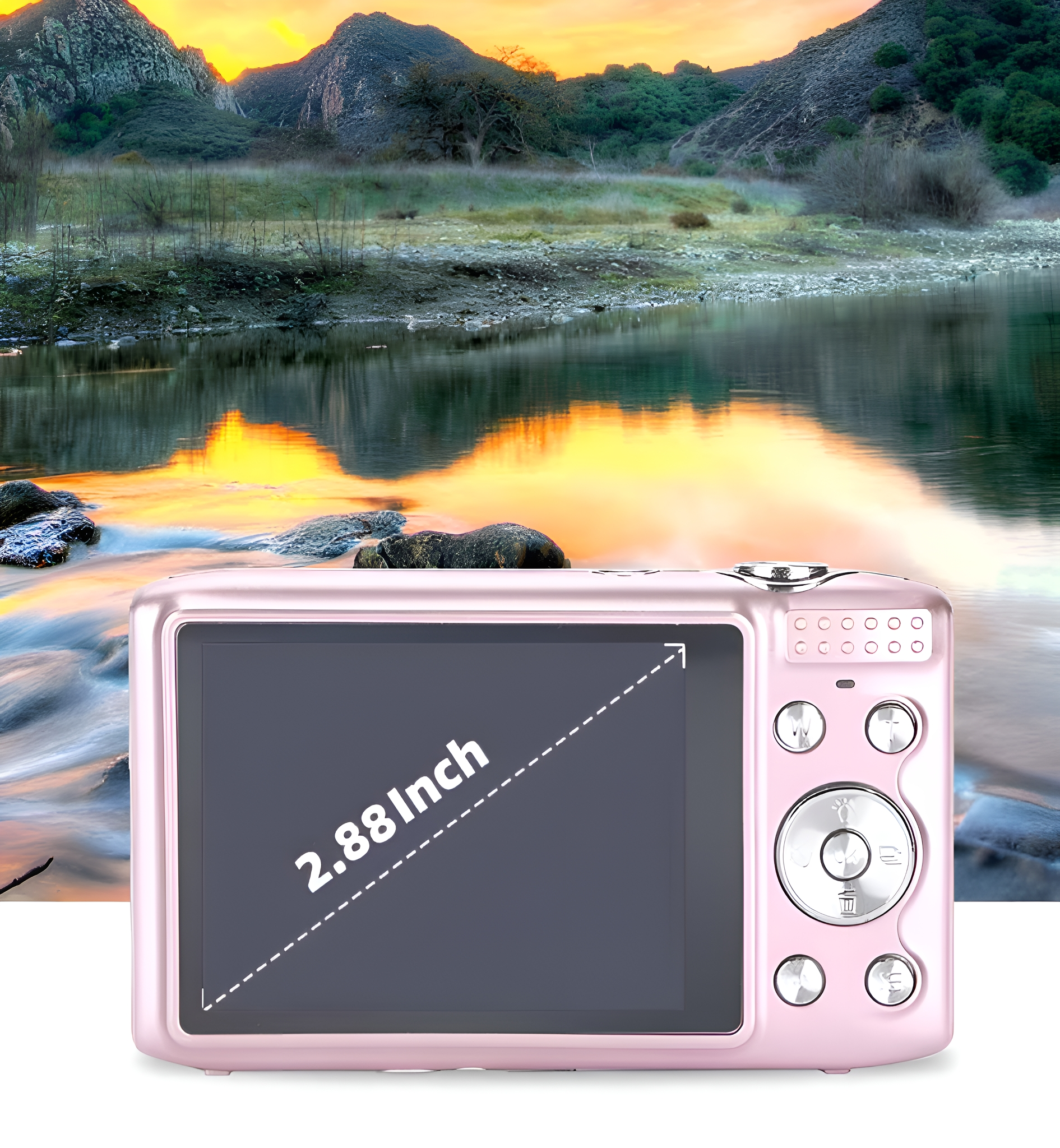 Rosa Digitalkamera mit einem Bildschirm, auf dem Wasser und eine Berglandschaft zu sehen sind.
