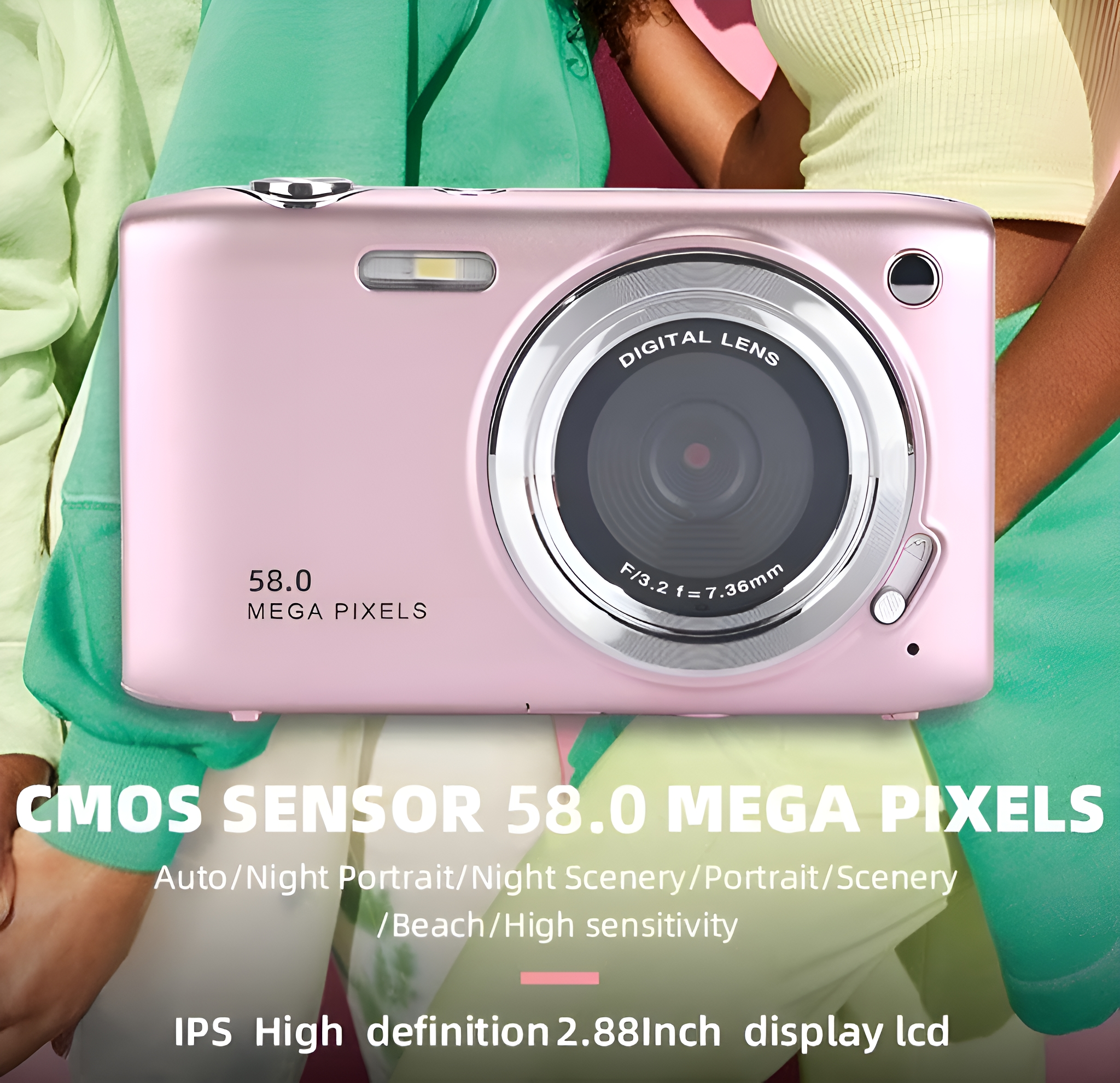 Rosa Digitalkamera mit Objektiv, Text darunter: CMOS-Sensor, Megapixel, Display-LCD.