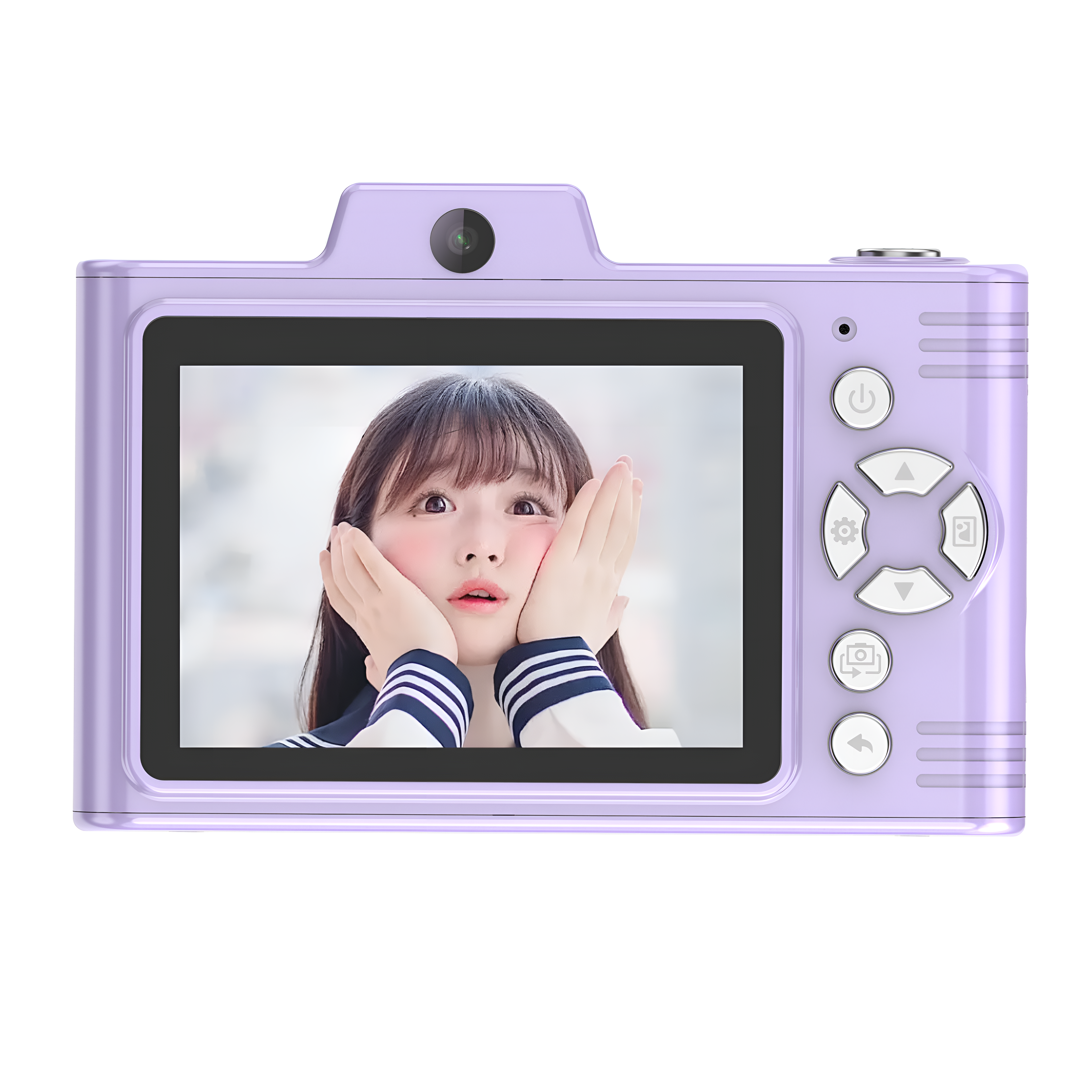 Eine lila Digitalkamera mit einem Bildschirm, der das Gesicht eines Mädchens zeigt.