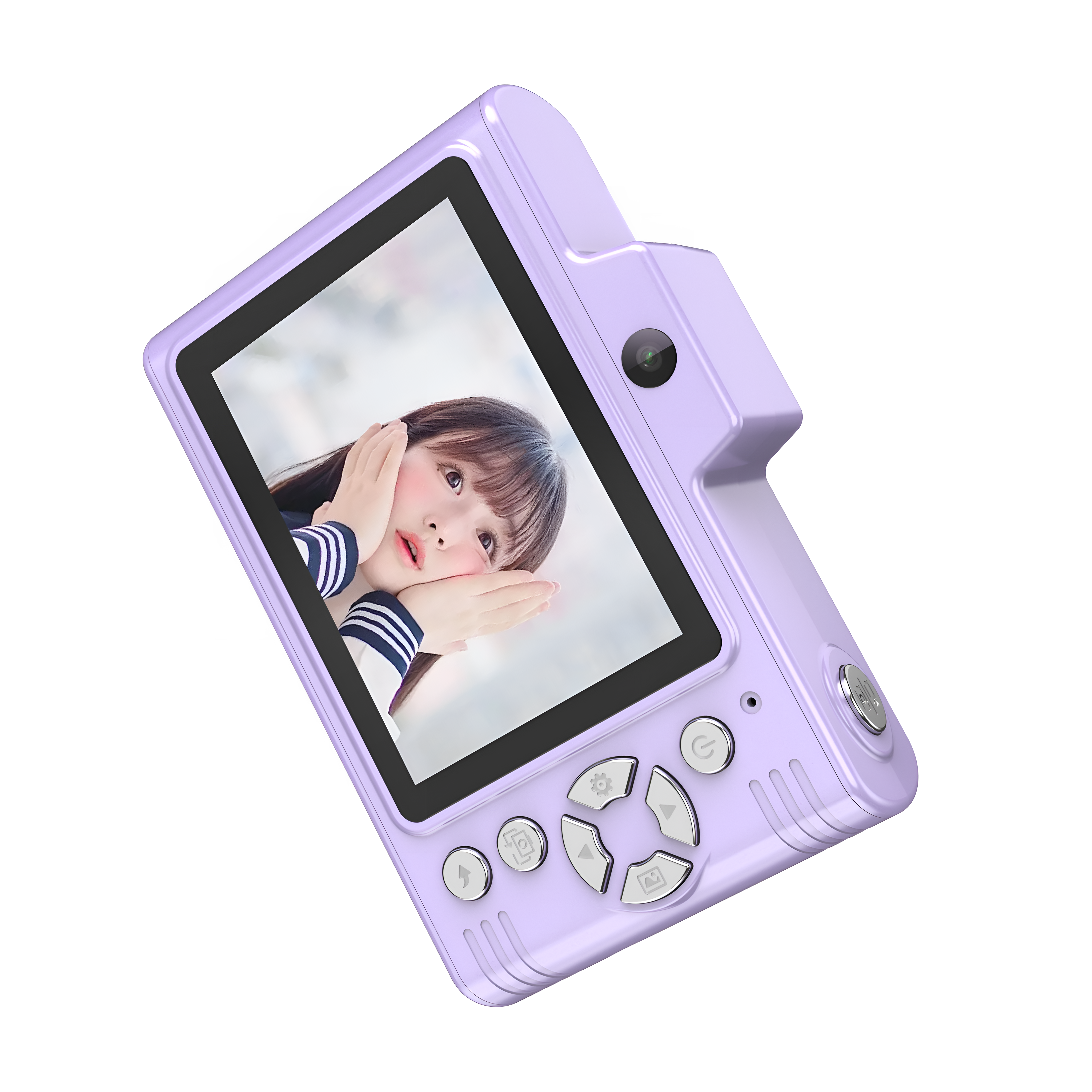 Eine lila Digitalkamera mit Bildschirm, der das Gesicht eines Mädchens zeigt, und Steuertasten.