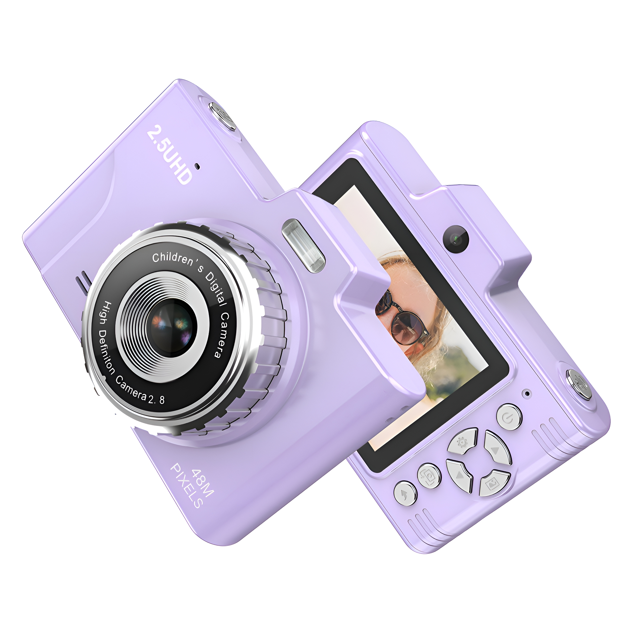 Zwei violette Digitalkameras, eine geöffnet, die das Gesicht einer Frau auf dem Bildschirm zeigt, weißer Hintergrund.